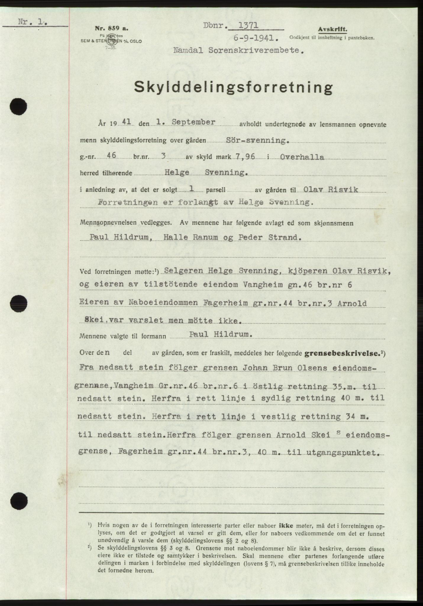 Namdal sorenskriveri, SAT/A-4133/1/2/2C: Pantebok nr. -, 1941-1942, Dagboknr: 1371/1941
