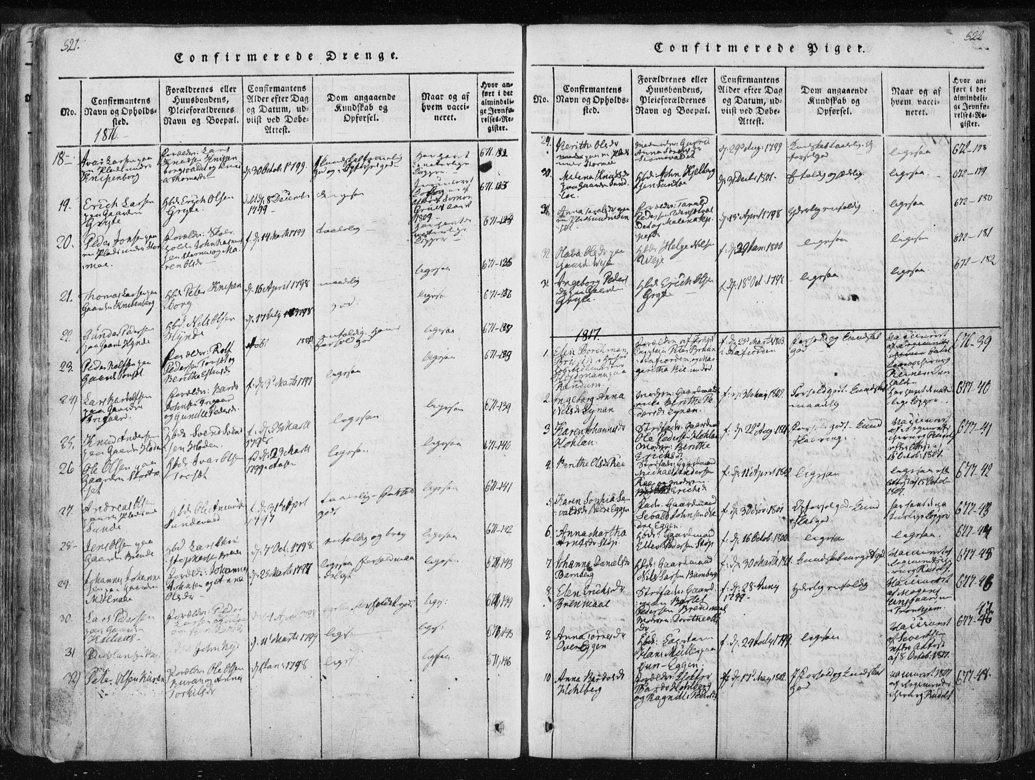 Ministerialprotokoller, klokkerbøker og fødselsregistre - Nord-Trøndelag, SAT/A-1458/717/L0148: Ministerialbok nr. 717A04 /1, 1816-1825, s. 521-522