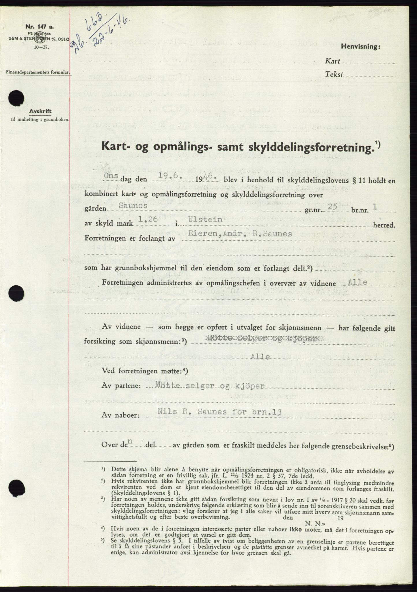 Søre Sunnmøre sorenskriveri, SAT/A-4122/1/2/2C/L0078: Pantebok nr. 4A, 1946-1946, Dagboknr: 663/1946