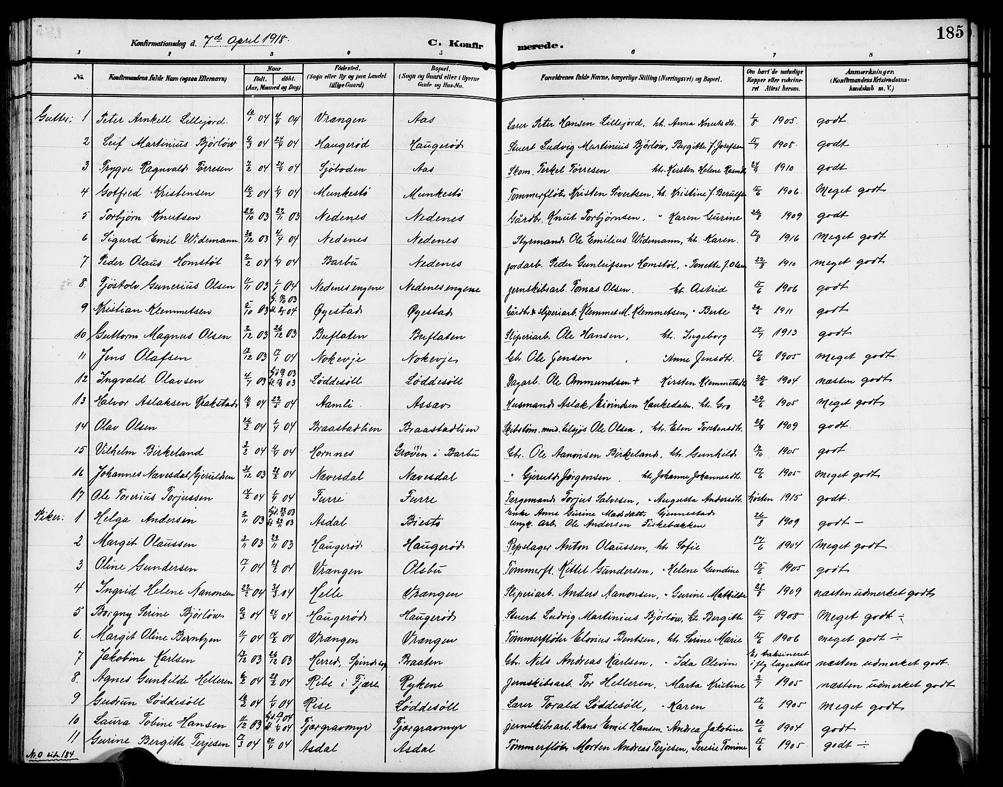 Øyestad sokneprestkontor, AV/SAK-1111-0049/F/Fb/L0011: Klokkerbok nr. B 11, 1906-1918, s. 185