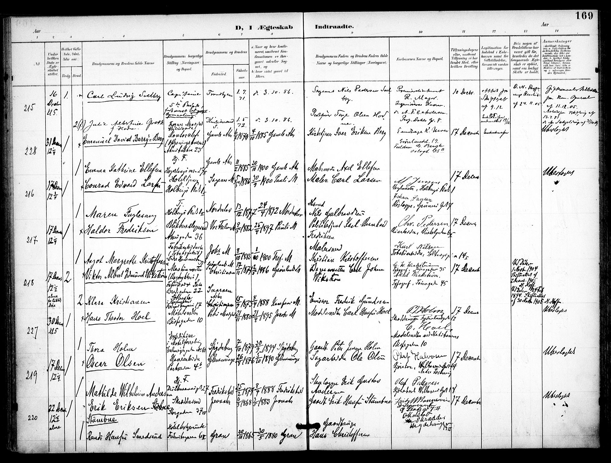 Trefoldighet prestekontor Kirkebøker, AV/SAO-A-10882/F/Fc/L0005: Ministerialbok nr. III 5, 1900-1908, s. 169