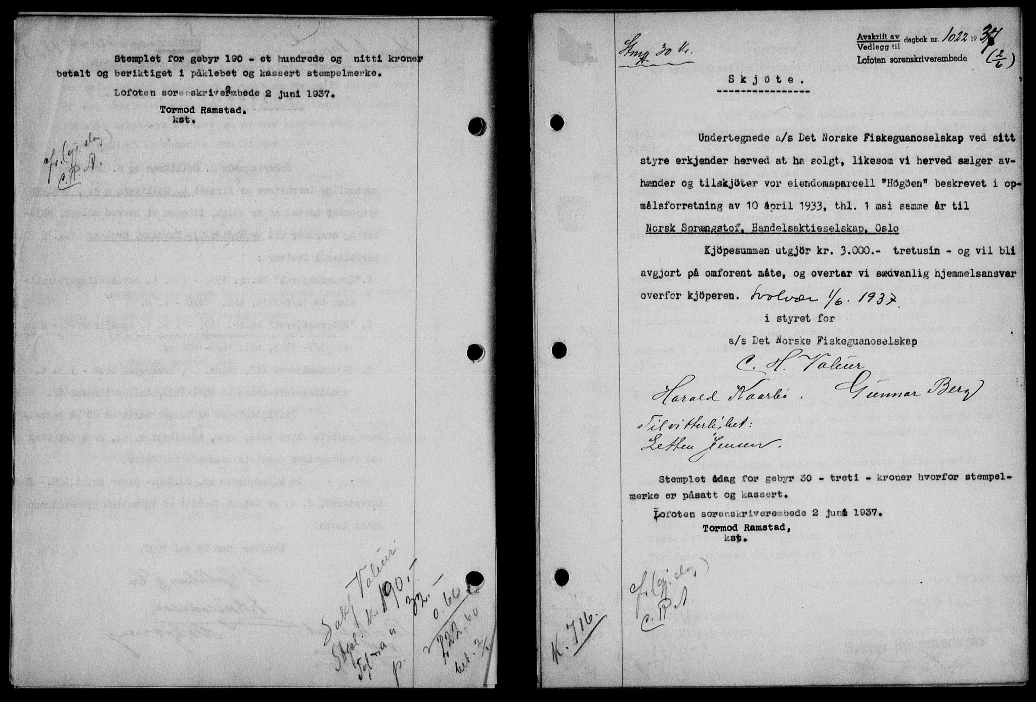 Lofoten sorenskriveri, SAT/A-0017/1/2/2C/L0002a: Pantebok nr. 2a, 1937-1937, Dagboknr: 1022/1937