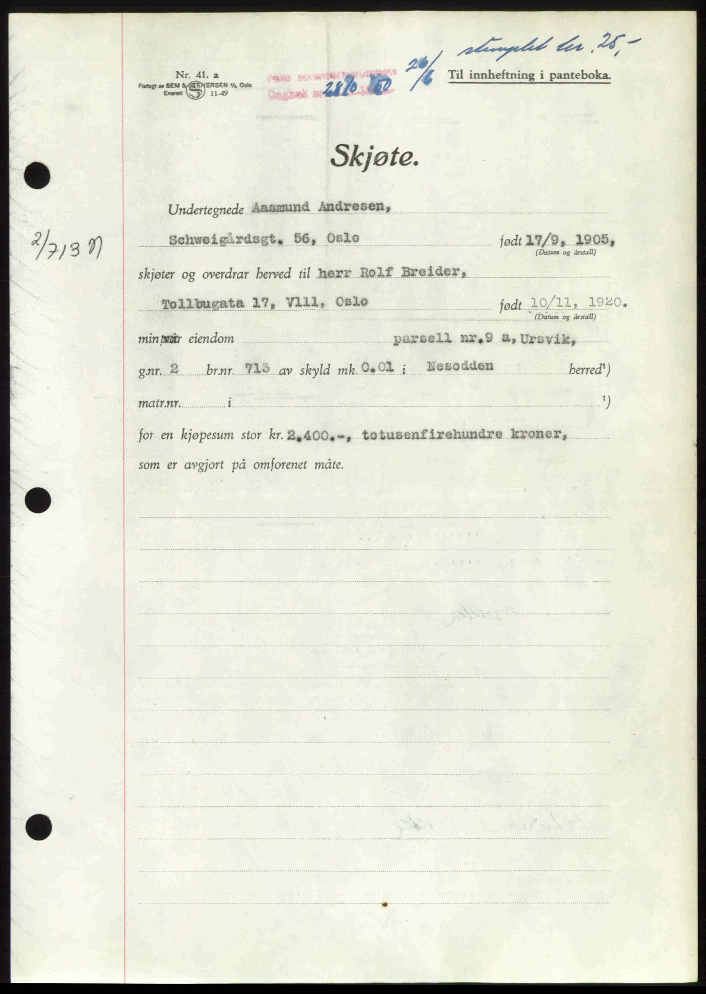 Follo sorenskriveri, SAO/A-10274/G/Ga/Gaa/L0092: Pantebok nr. I 92, 1950-1950, Dagboknr: 2810/1950