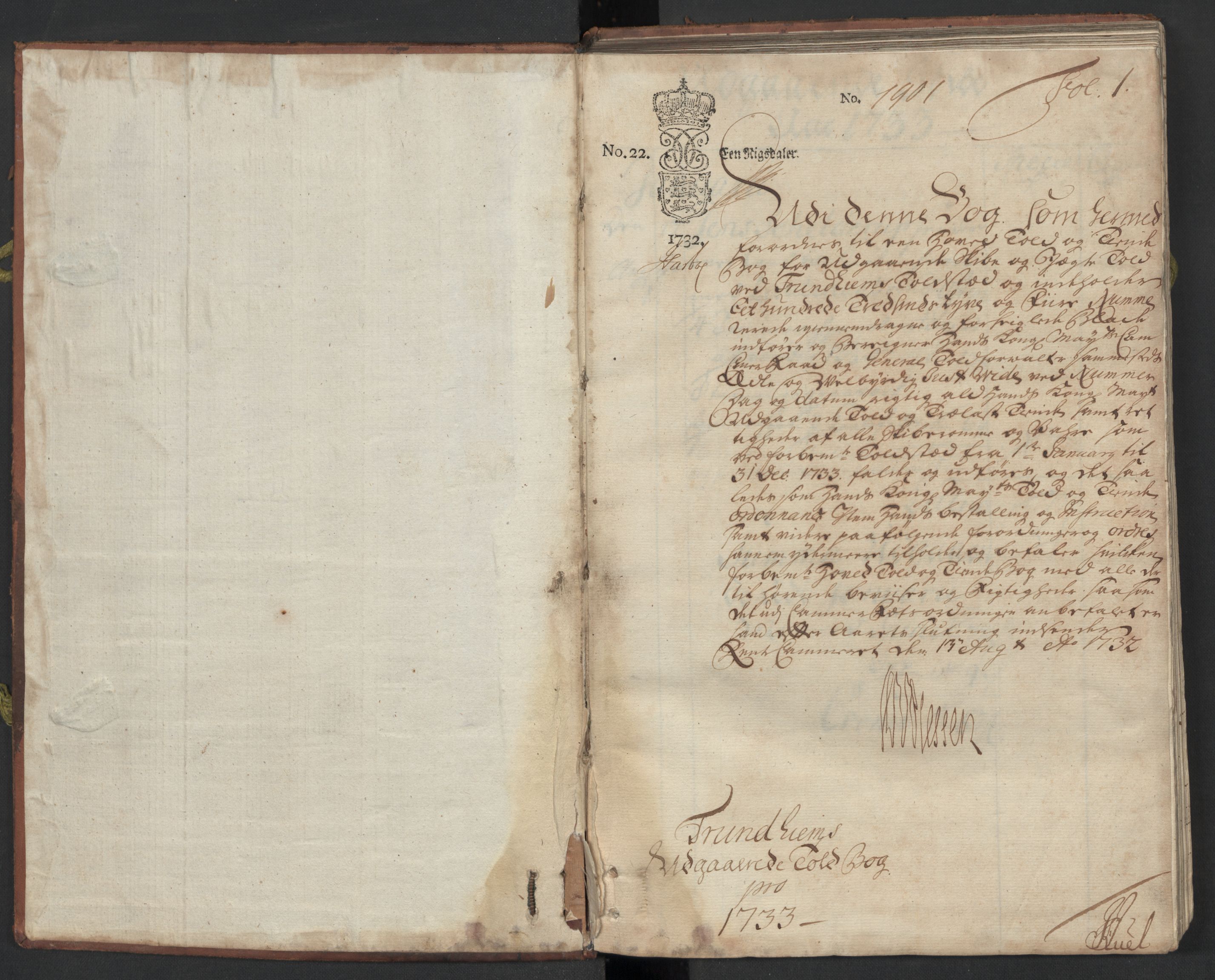 Generaltollkammeret, tollregnskaper, RA/EA-5490/R33/L0015/0002: Tollregnskaper Trondheim A / Utgående tollbok, 1733, s. 1a