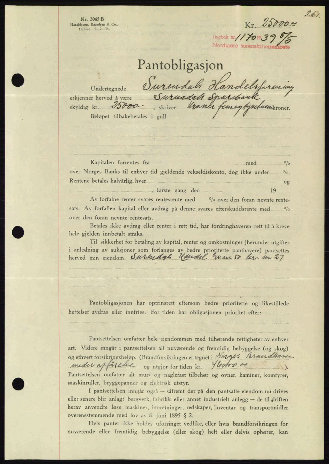 Nordmøre sorenskriveri, SAT/A-4132/1/2/2Ca: Pantebok nr. B85, 1939-1939, Dagboknr: 1170/1939