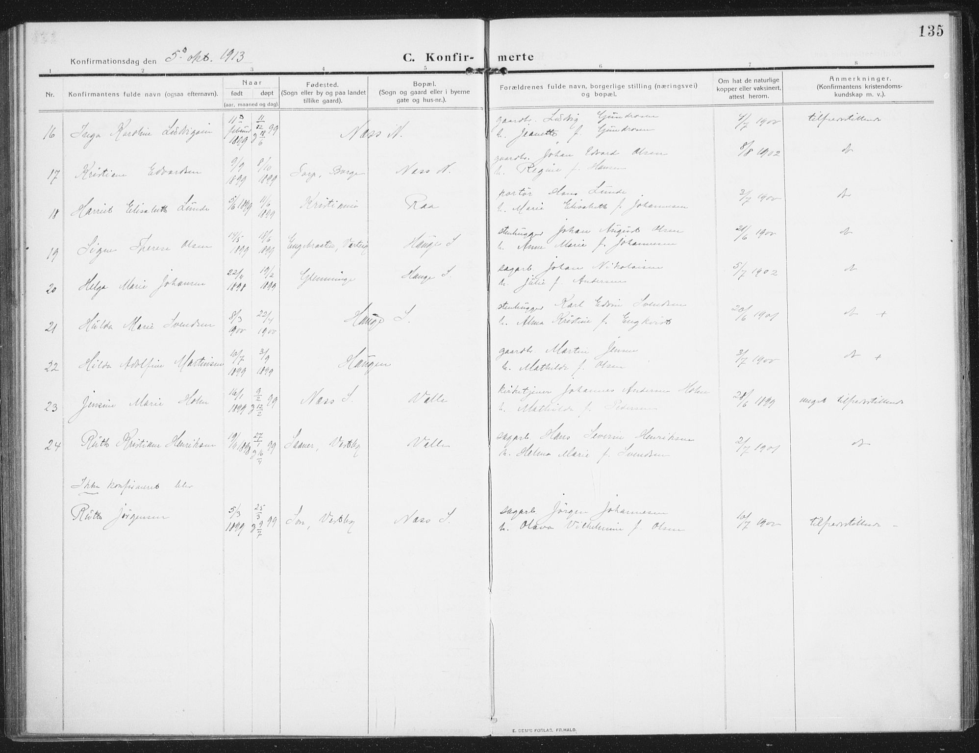 Rolvsøy prestekontor Kirkebøker, AV/SAO-A-2004/F/Fa/L0002: Ministerialbok nr. 2, 1909-1917, s. 135