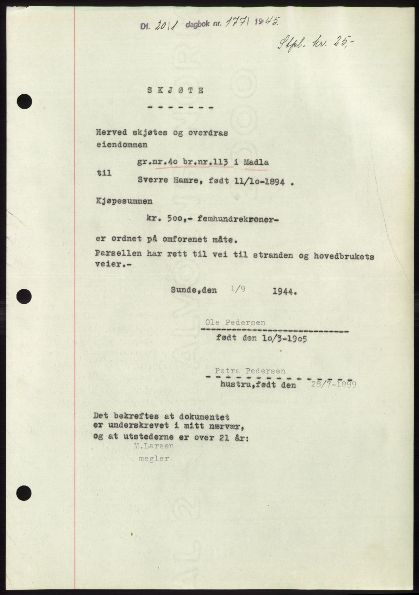 Jæren sorenskriveri, SAST/A-100310/03/G/Gba/L0087: Pantebok, 1944-1945, Dagboknr: 177/1945