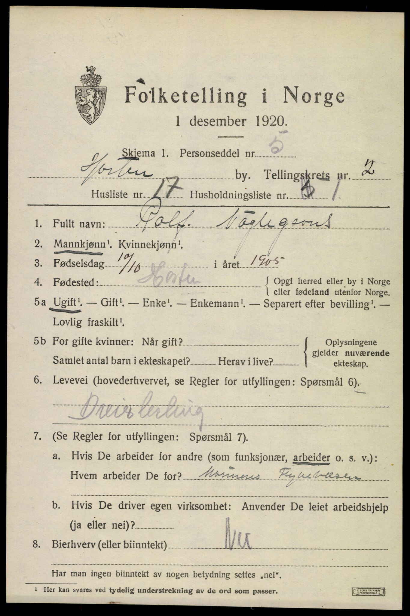 SAKO, Folketelling 1920 for 0703 Horten kjøpstad, 1920, s. 10397