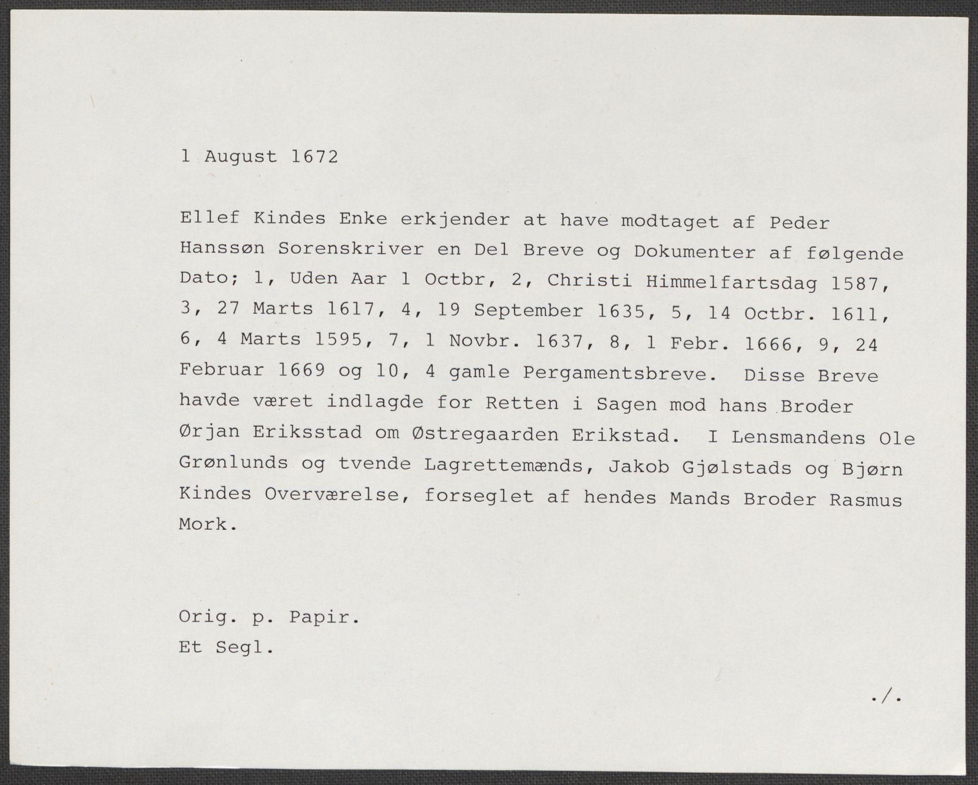 Riksarkivets diplomsamling, RA/EA-5965/F15/L0001: Prestearkiv - Østfold, 1571-1795, s. 197