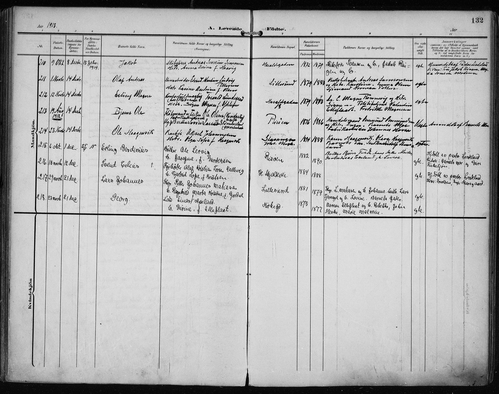 Haugesund sokneprestkontor, AV/SAST-A -101863/H/Ha/Haa/L0008: Ministerialbok nr. A 8, 1908-1921, s. 132