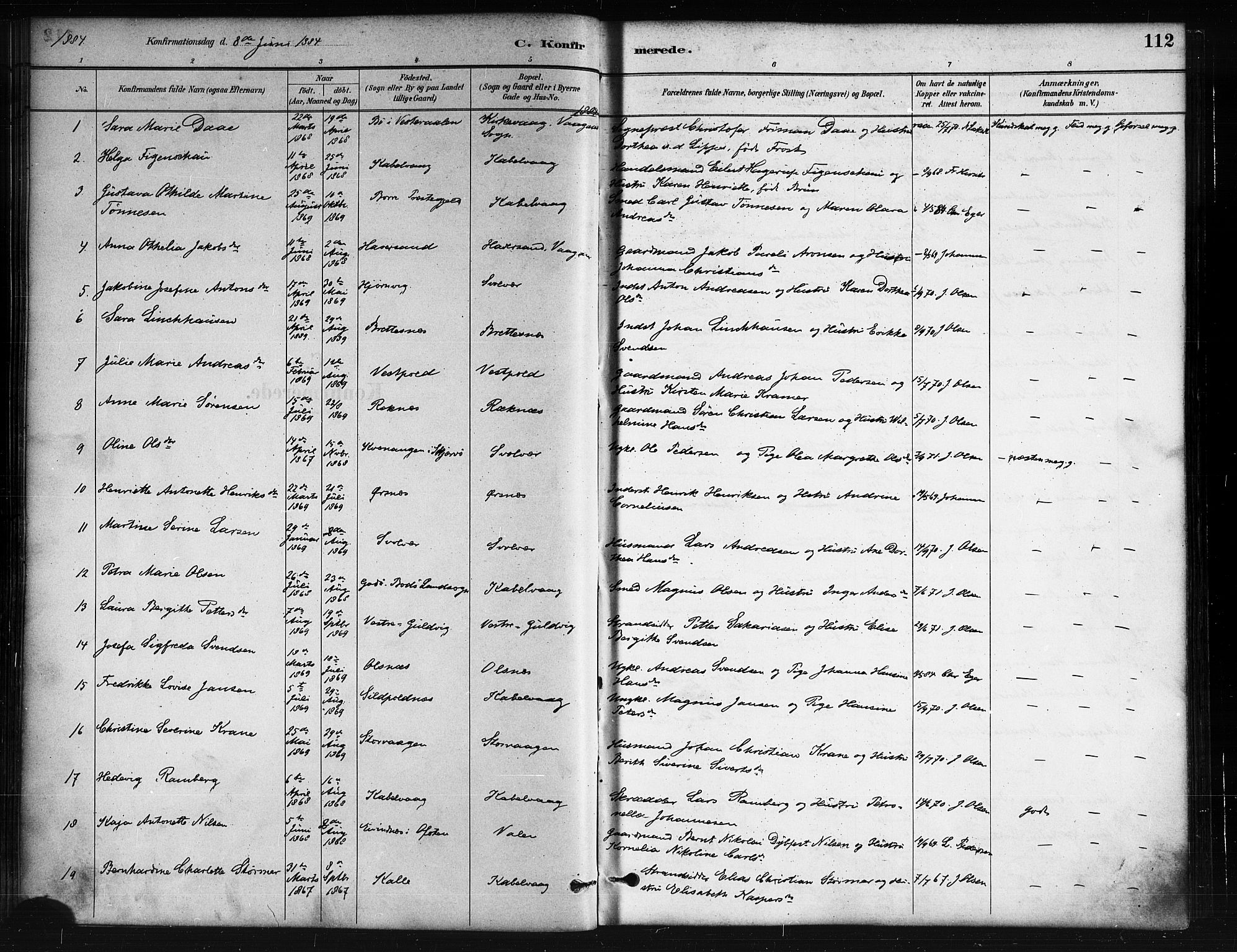 Ministerialprotokoller, klokkerbøker og fødselsregistre - Nordland, SAT/A-1459/874/L1059: Ministerialbok nr. 874A03, 1884-1890, s. 112