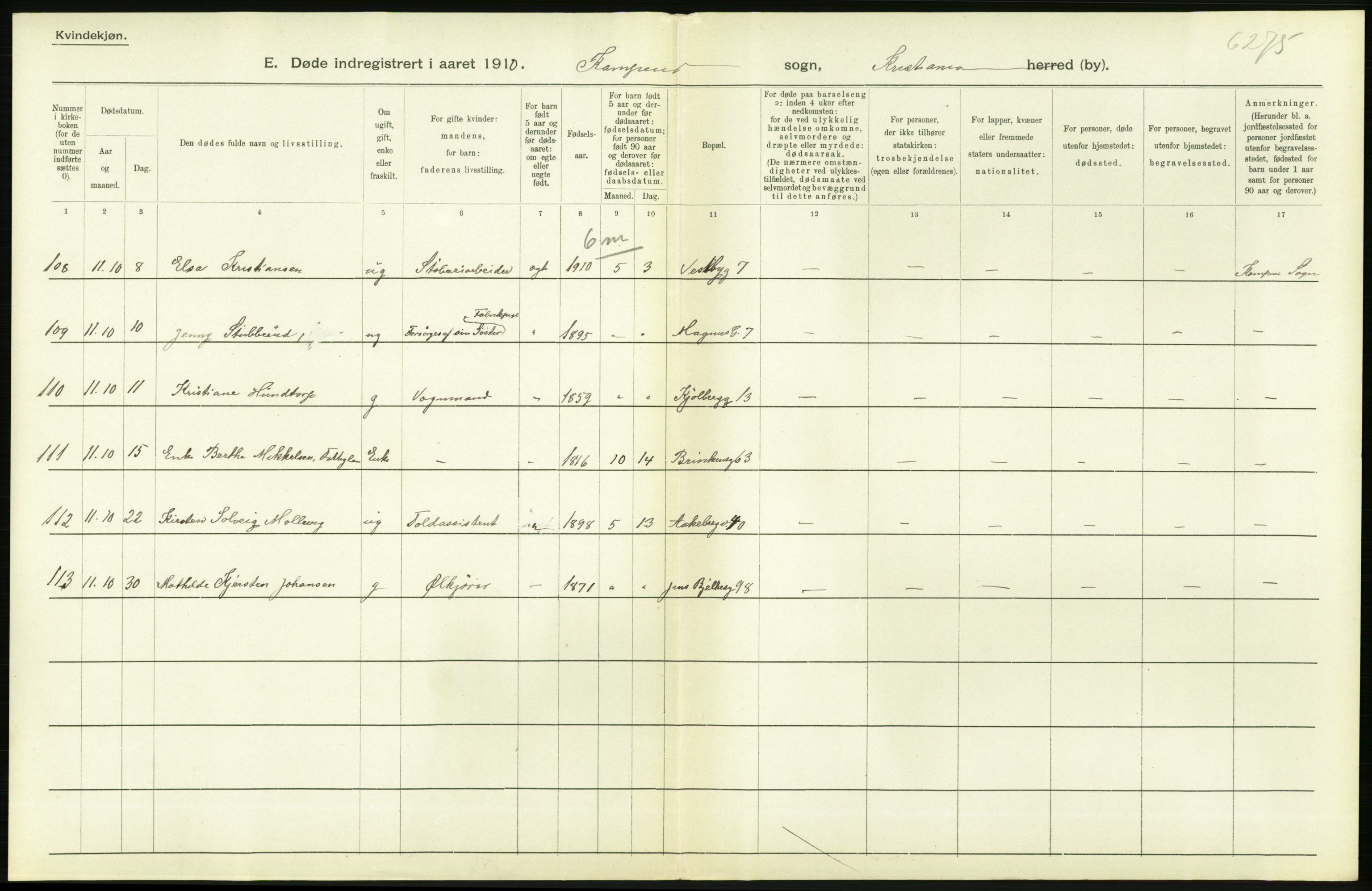 Statistisk sentralbyrå, Sosiodemografiske emner, Befolkning, AV/RA-S-2228/D/Df/Dfa/Dfah/L0008: Kristiania: Døde, 1910, s. 154