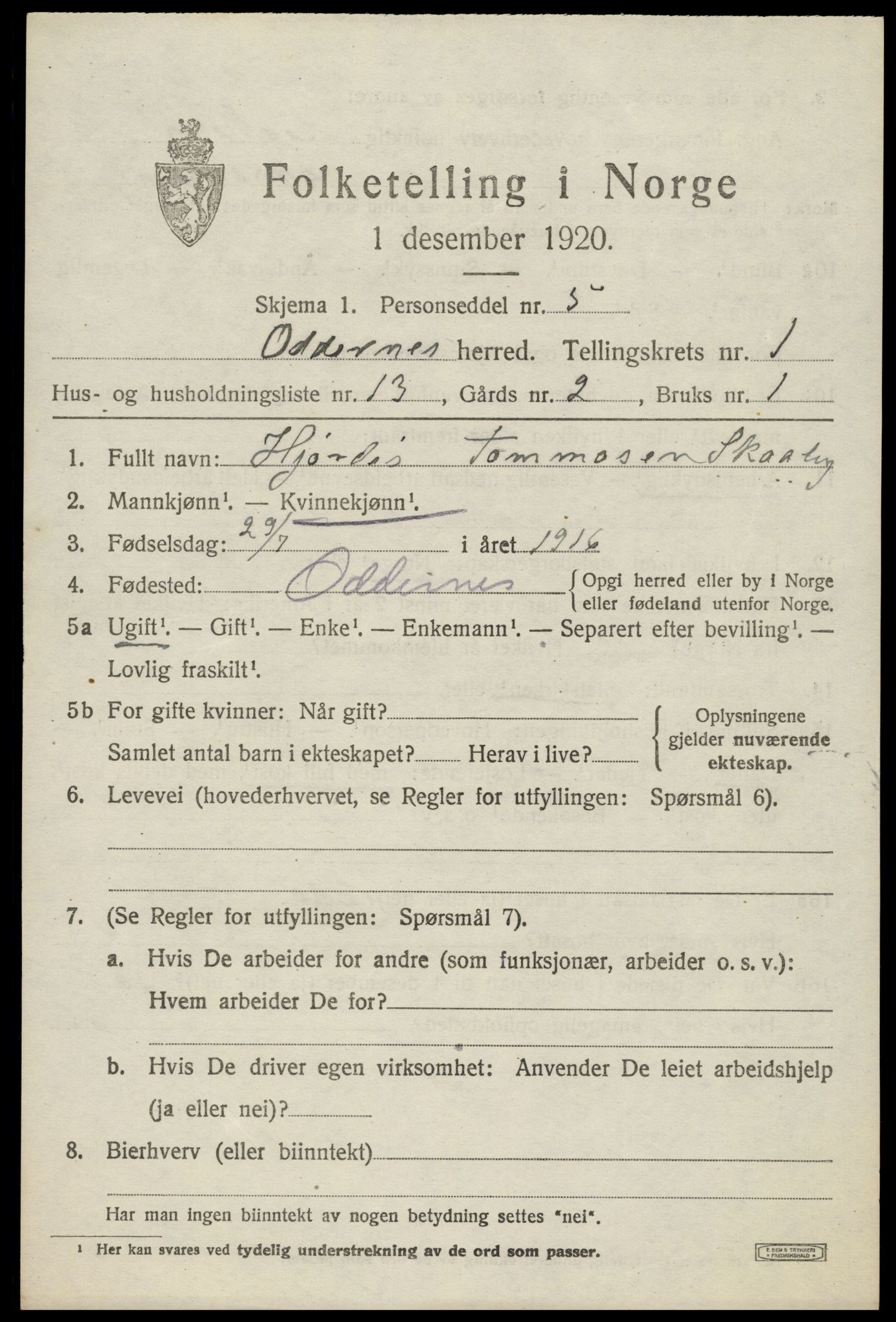 SAK, Folketelling 1920 for 1012 Oddernes herred, 1920, s. 2169