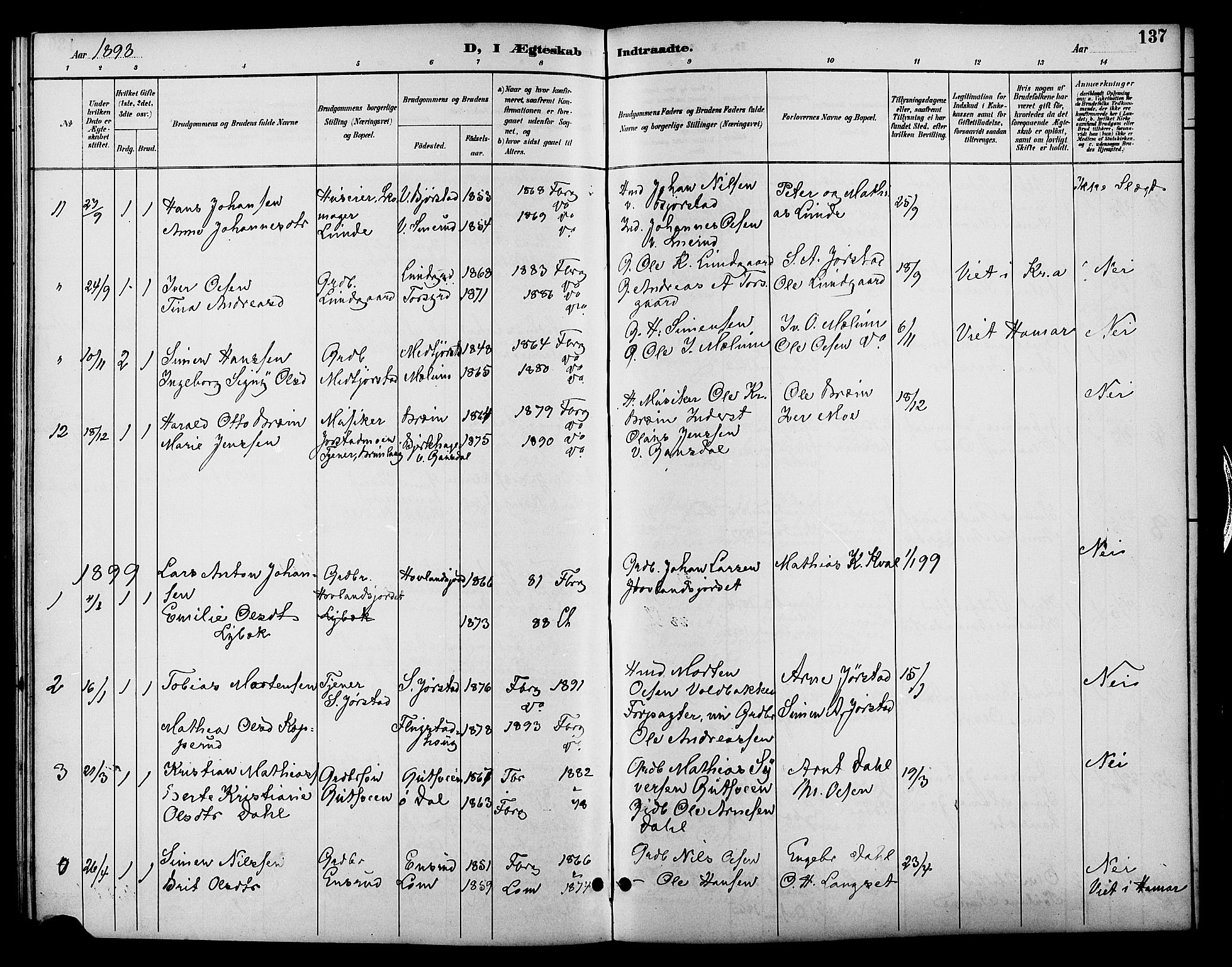 Fåberg prestekontor, AV/SAH-PREST-086/H/Ha/Hab/L0010: Klokkerbok nr. 10, 1892-1900, s. 137