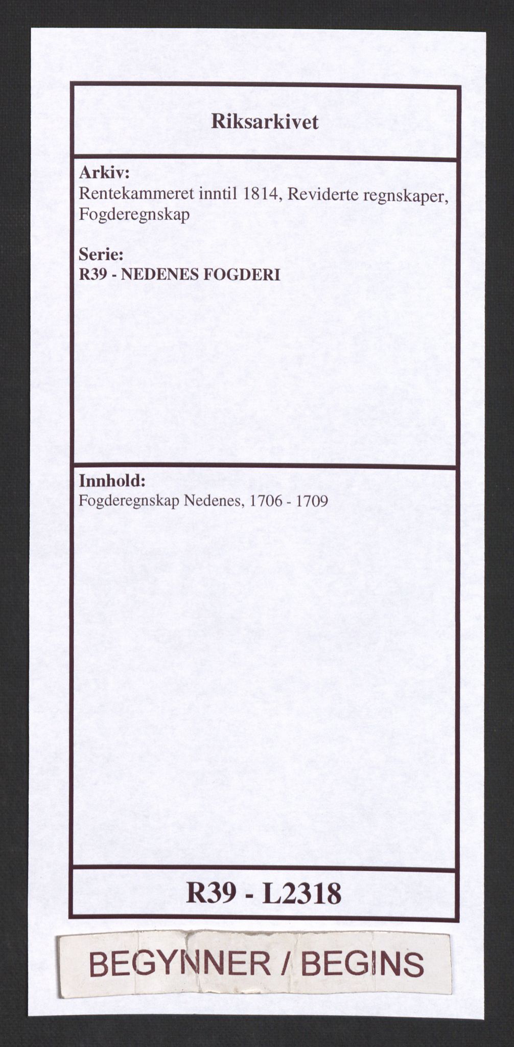 Rentekammeret inntil 1814, Reviderte regnskaper, Fogderegnskap, AV/RA-EA-4092/R39/L2318: Fogderegnskap Nedenes, 1706-1709, s. 1