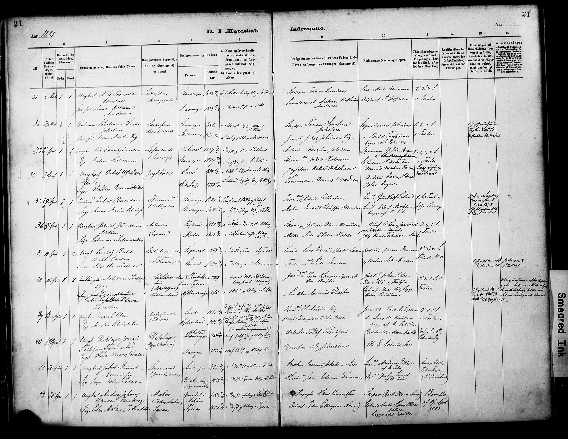 St. Petri sokneprestkontor, AV/SAST-A-101813/001/30/30BA/L0018: Ministerialbok nr. A 19, 1879-1900, s. 21