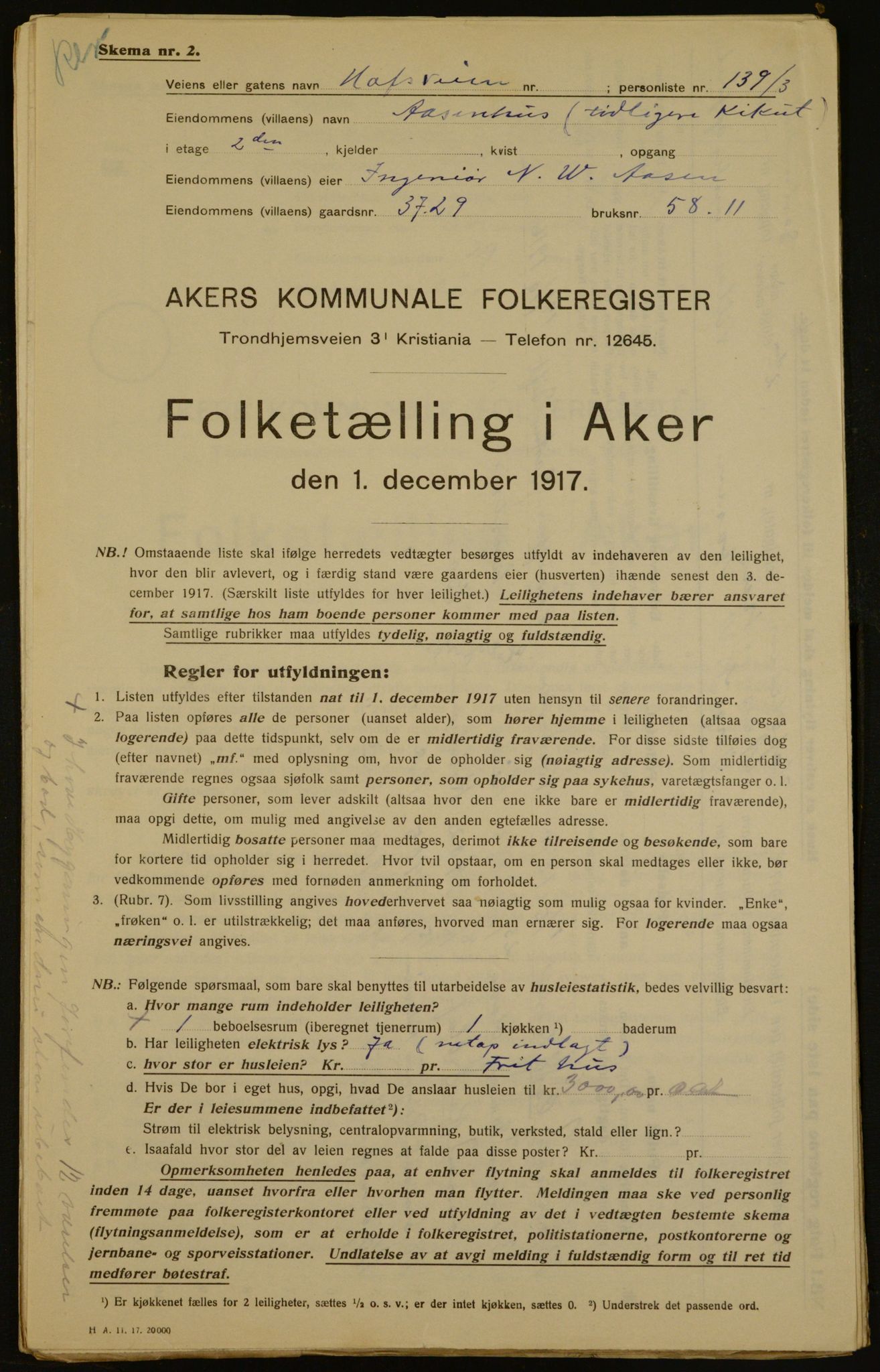 OBA, Kommunal folketelling 1.12.1917 for Aker, 1917, s. 4254