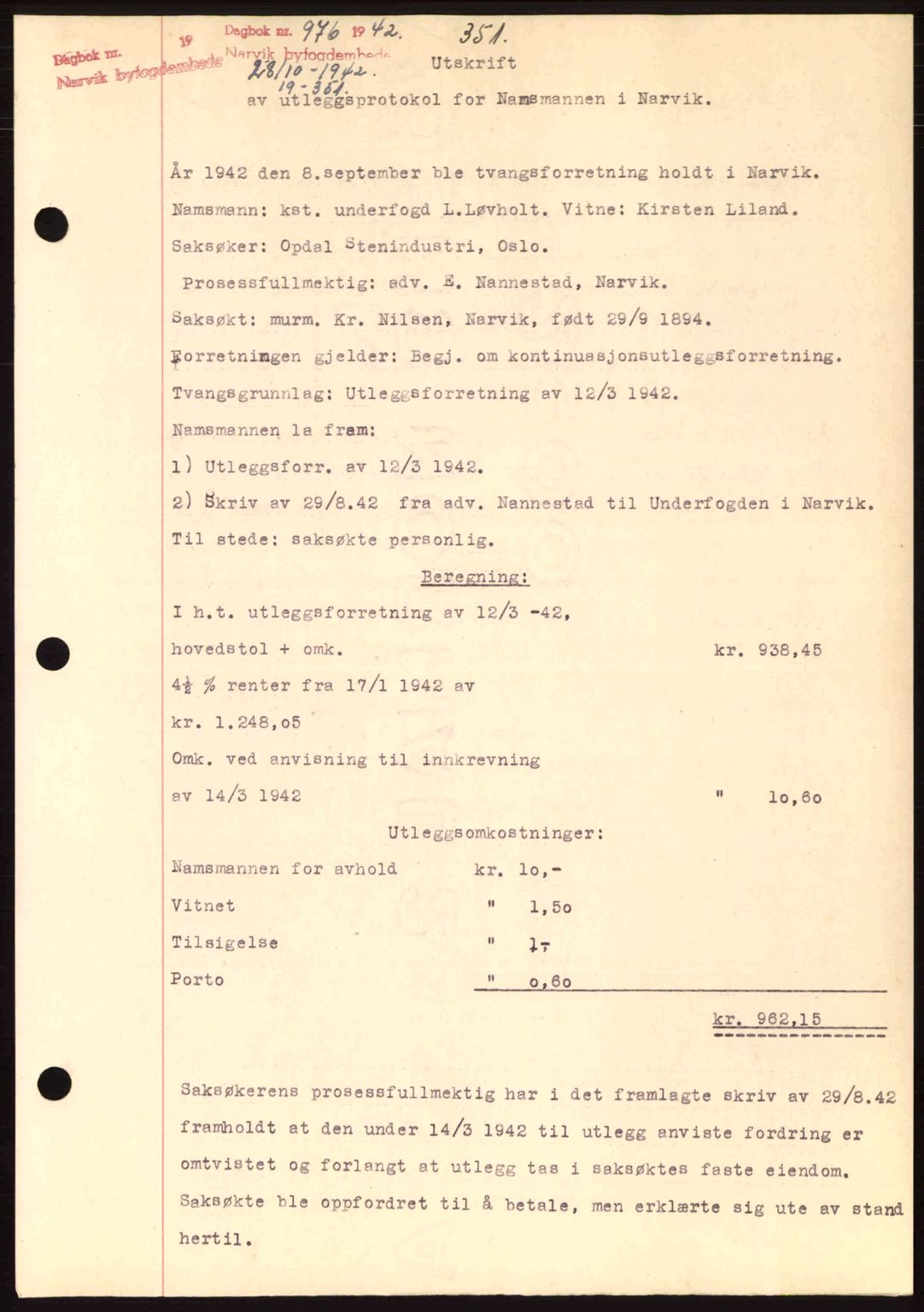 Narvik sorenskriveri, SAT/A-0002/1/2/2C/2Ca: Pantebok nr. A19, 1942-1943, Dagboknr: 976/1942