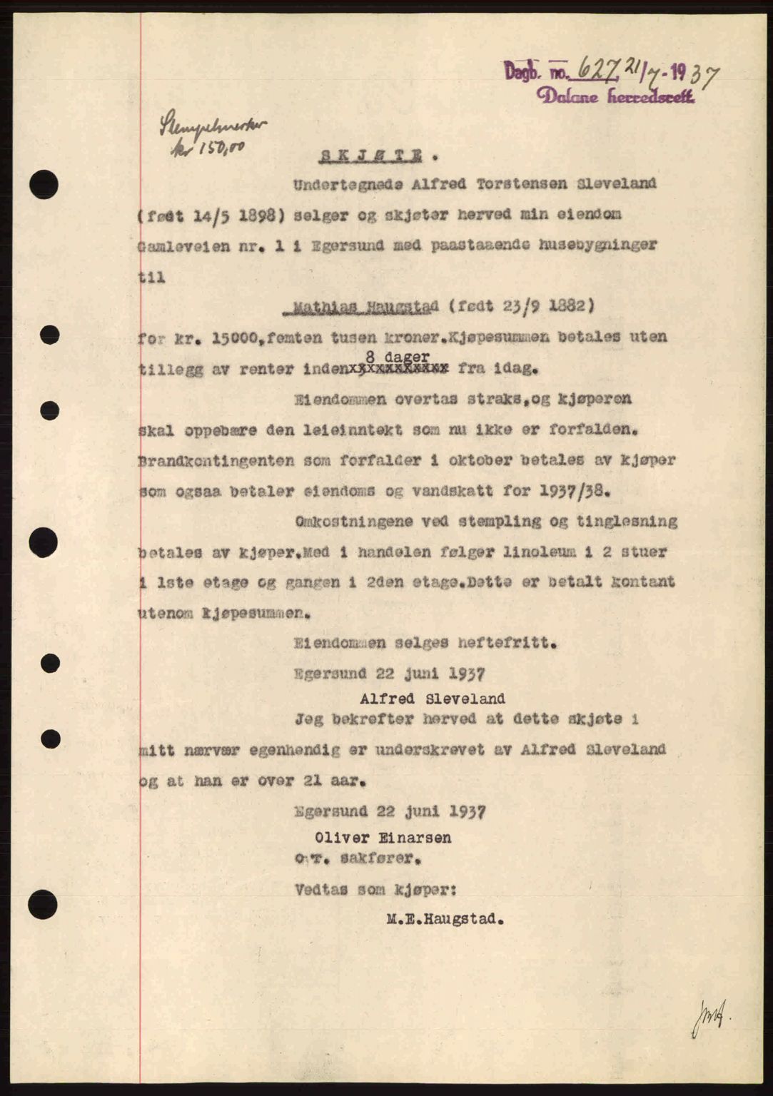 Dalane sorenskriveri, SAST/A-100309/02/G/Gb/L0041: Pantebok nr. A2, 1936-1937, Dagboknr: 627/1937