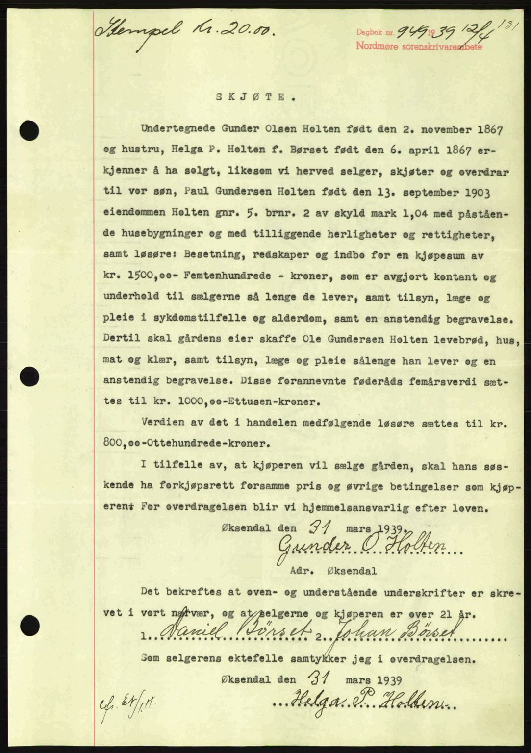 Nordmøre sorenskriveri, SAT/A-4132/1/2/2Ca: Pantebok nr. A86, 1939-1939, Dagboknr: 949/1939