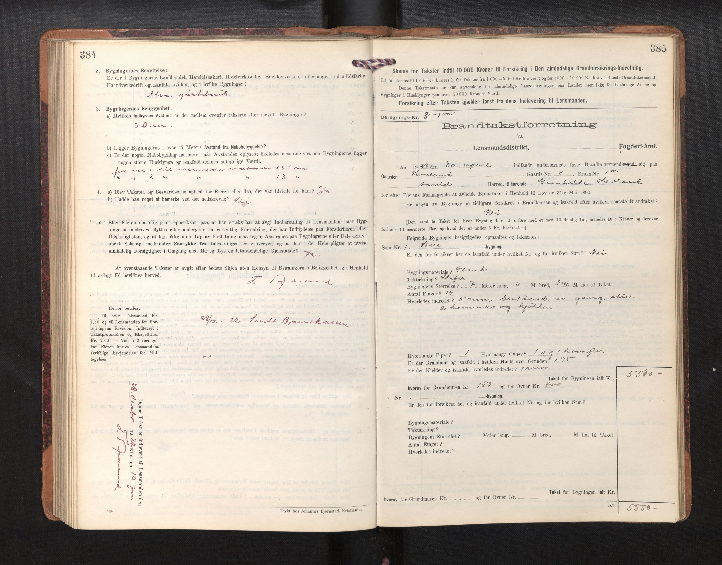 Lensmannen i Årdal, SAB/A-30501/0012/L0009: Branntakstprotokoll, skjematakst, 1914-1926, s. 384-385