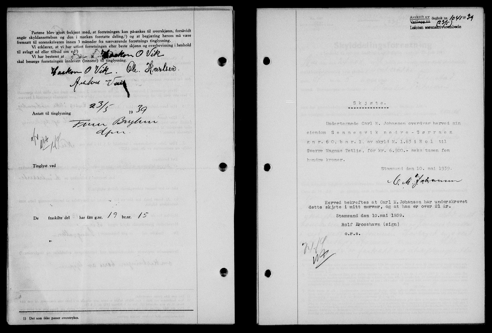 Lofoten sorenskriveri, SAT/A-0017/1/2/2C/L0005a: Pantebok nr. 5a, 1939-1939, Dagboknr: 1041/1939