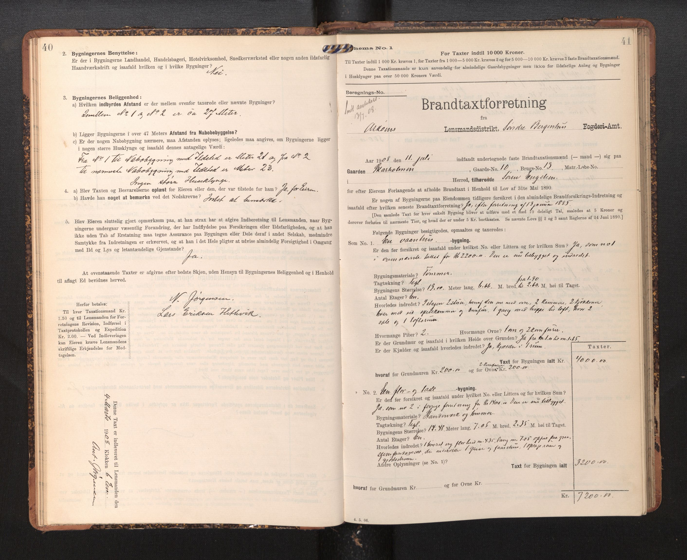 Lensmannen i Askøy, AV/SAB-A-31001/0012/L0005: Branntakstprotokoll, skjematakst, 1907-1915, s. 40-41
