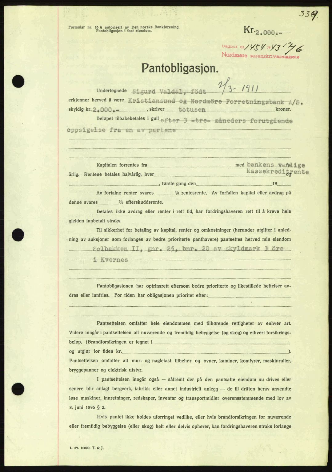 Nordmøre sorenskriveri, SAT/A-4132/1/2/2Ca: Pantebok nr. B90, 1942-1943, Dagboknr: 1454/1943