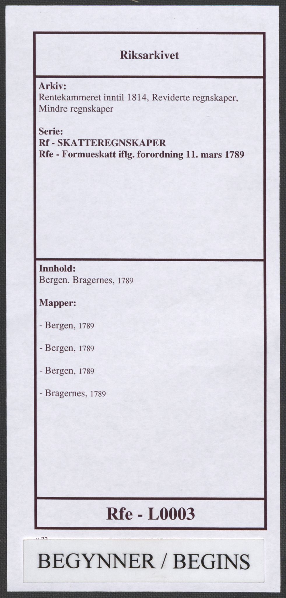 Rentekammeret inntil 1814, Reviderte regnskaper, Mindre regnskaper, RA/EA-4068/Rf/Rfe/L0003: Bergen. Bragernes, 1789, s. 1
