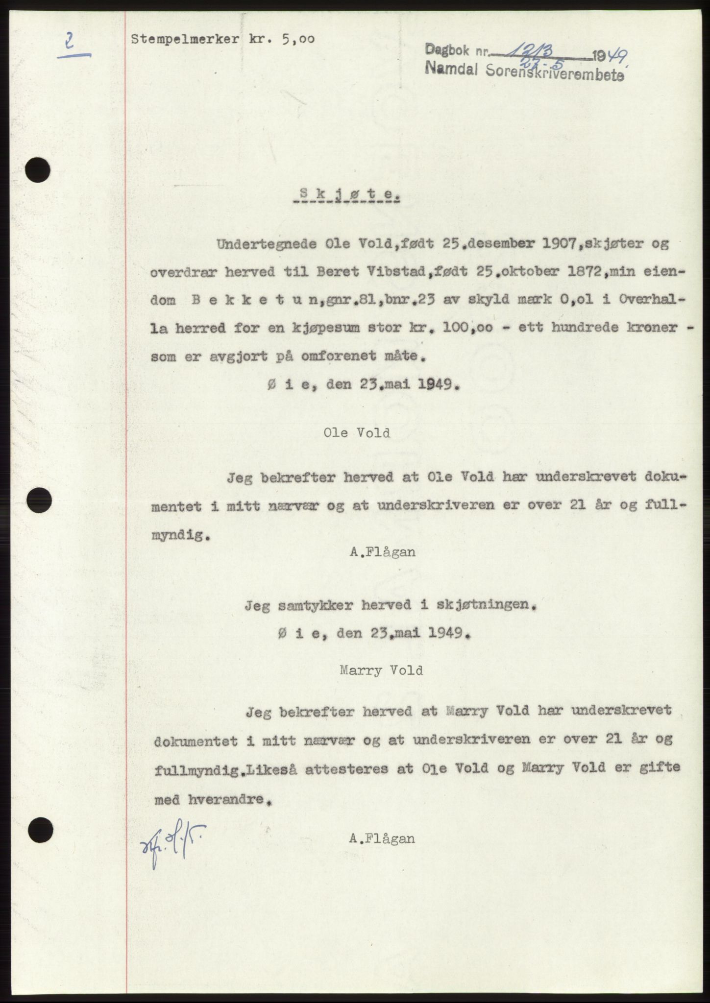 Namdal sorenskriveri, SAT/A-4133/1/2/2C: Pantebok nr. -, 1949-1949, Dagboknr: 1213/1949