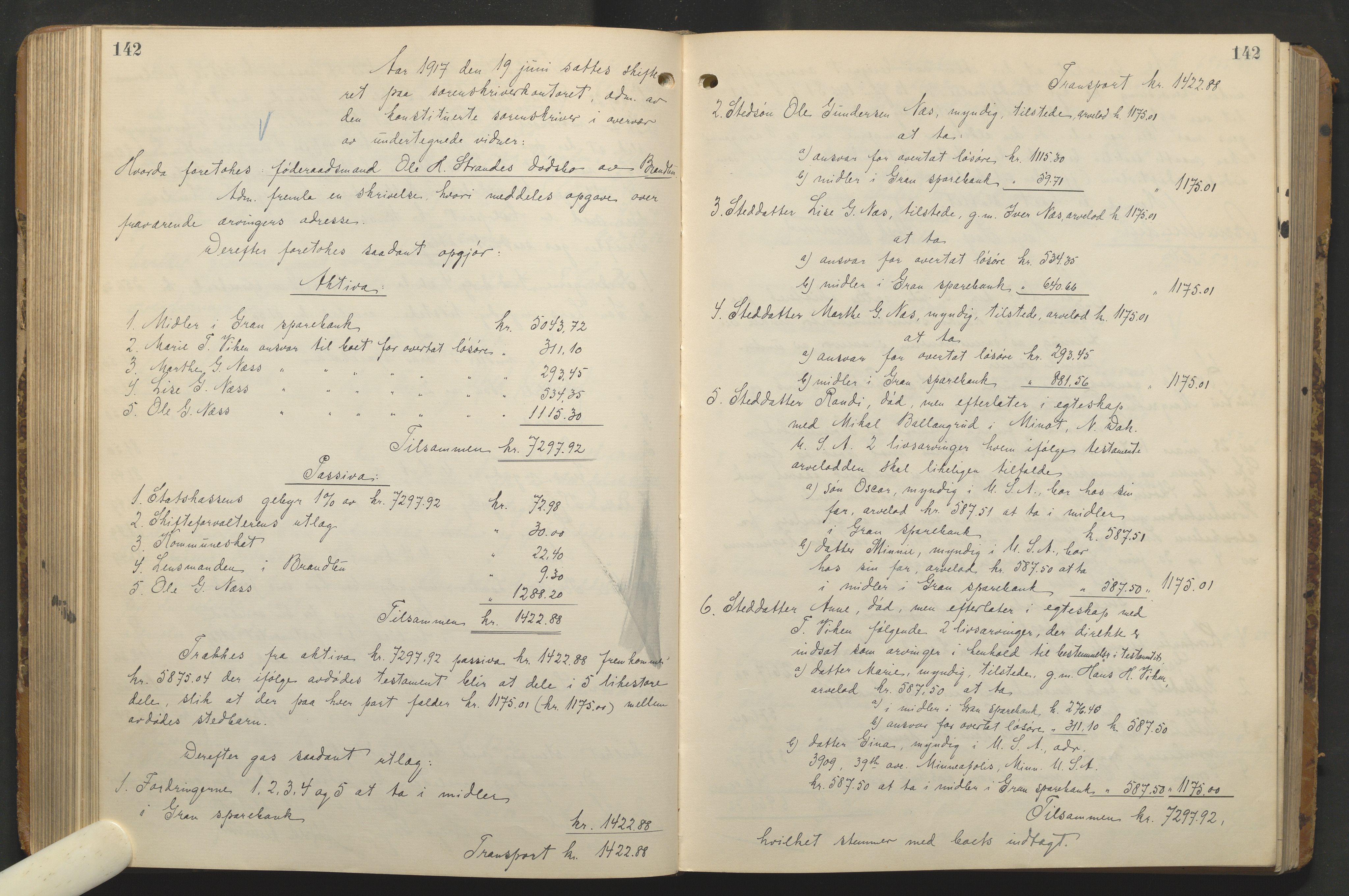 Hadeland og Land tingrett, AV/SAH-TING-010/J/Jd/L0005: Skifteutlodningsprotokoll, 1913-1924, s. 142