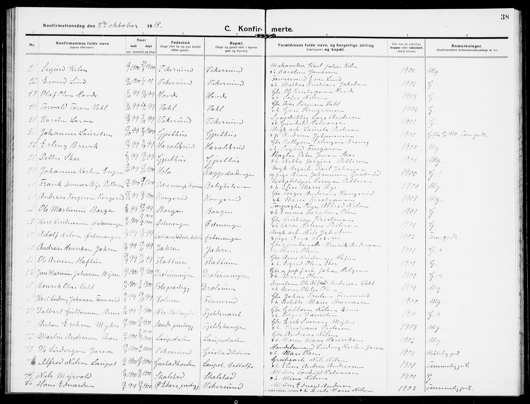 Modum kirkebøker, AV/SAKO-A-234/G/Ga/L0010: Klokkerbok nr. I 10, 1909-1923, s. 38