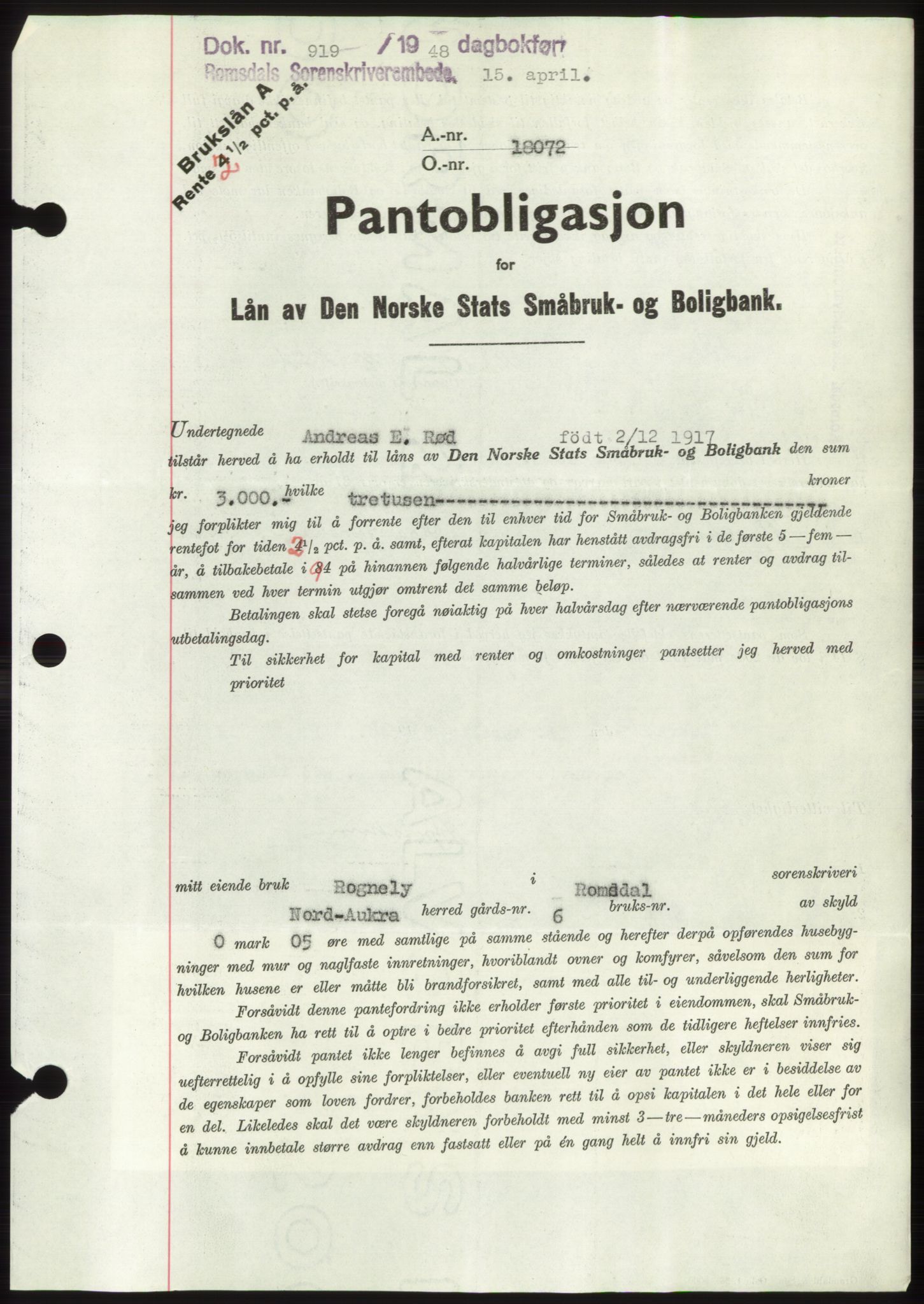Romsdal sorenskriveri, SAT/A-4149/1/2/2C: Pantebok nr. B3, 1946-1948, Dagboknr: 919/1948