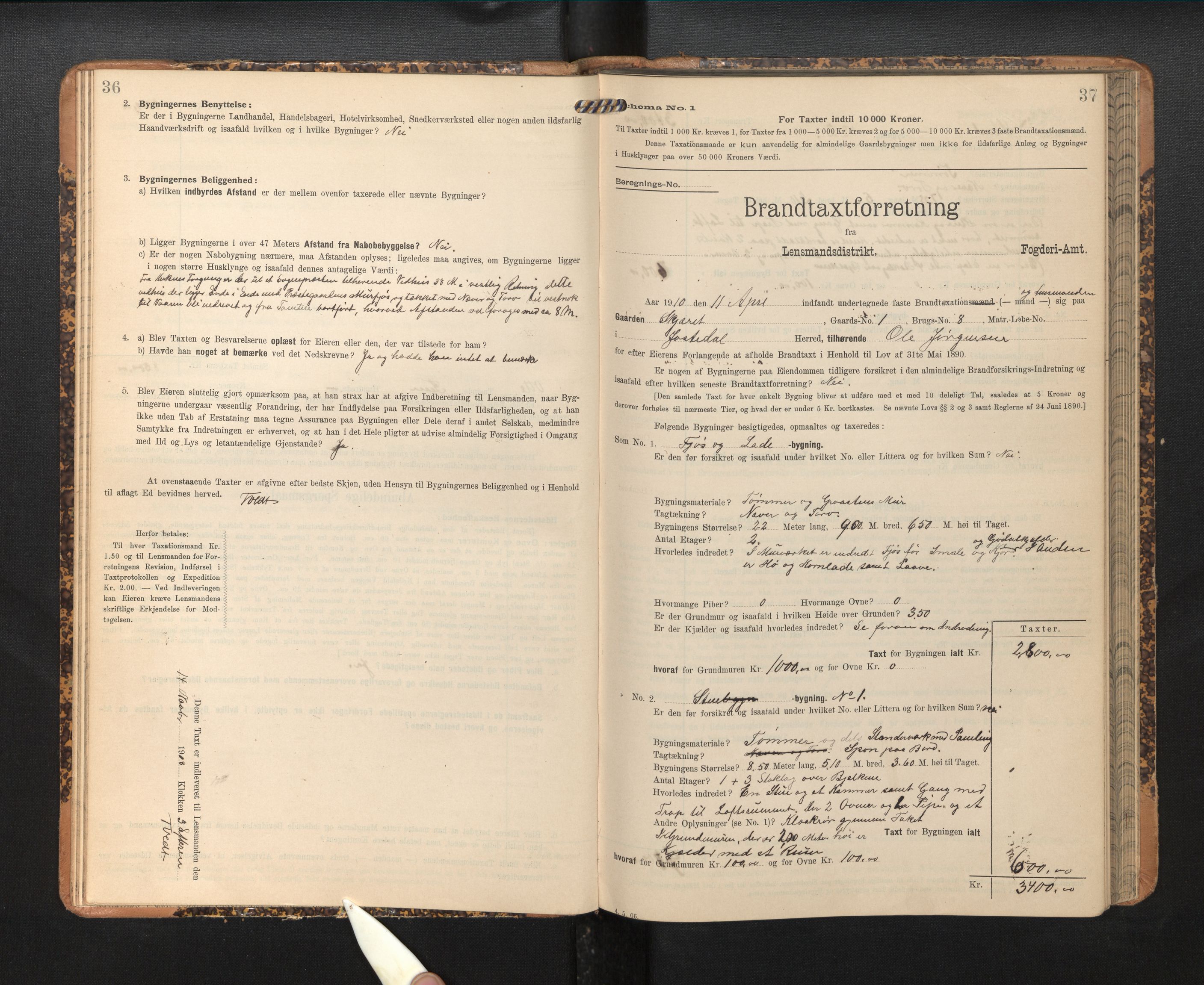 Lensmannen i Jostedal, SAB/A-28601/0012/L0004: Branntakstprotokoll, skjematakst, 1906-1919, s. 36-37