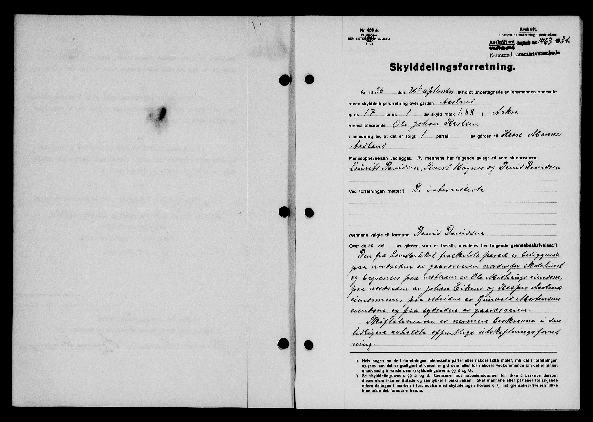 Karmsund sorenskriveri, SAST/A-100311/01/II/IIB/L0066: Pantebok nr. 47A, 1936-1936, Dagboknr: 1463/1936