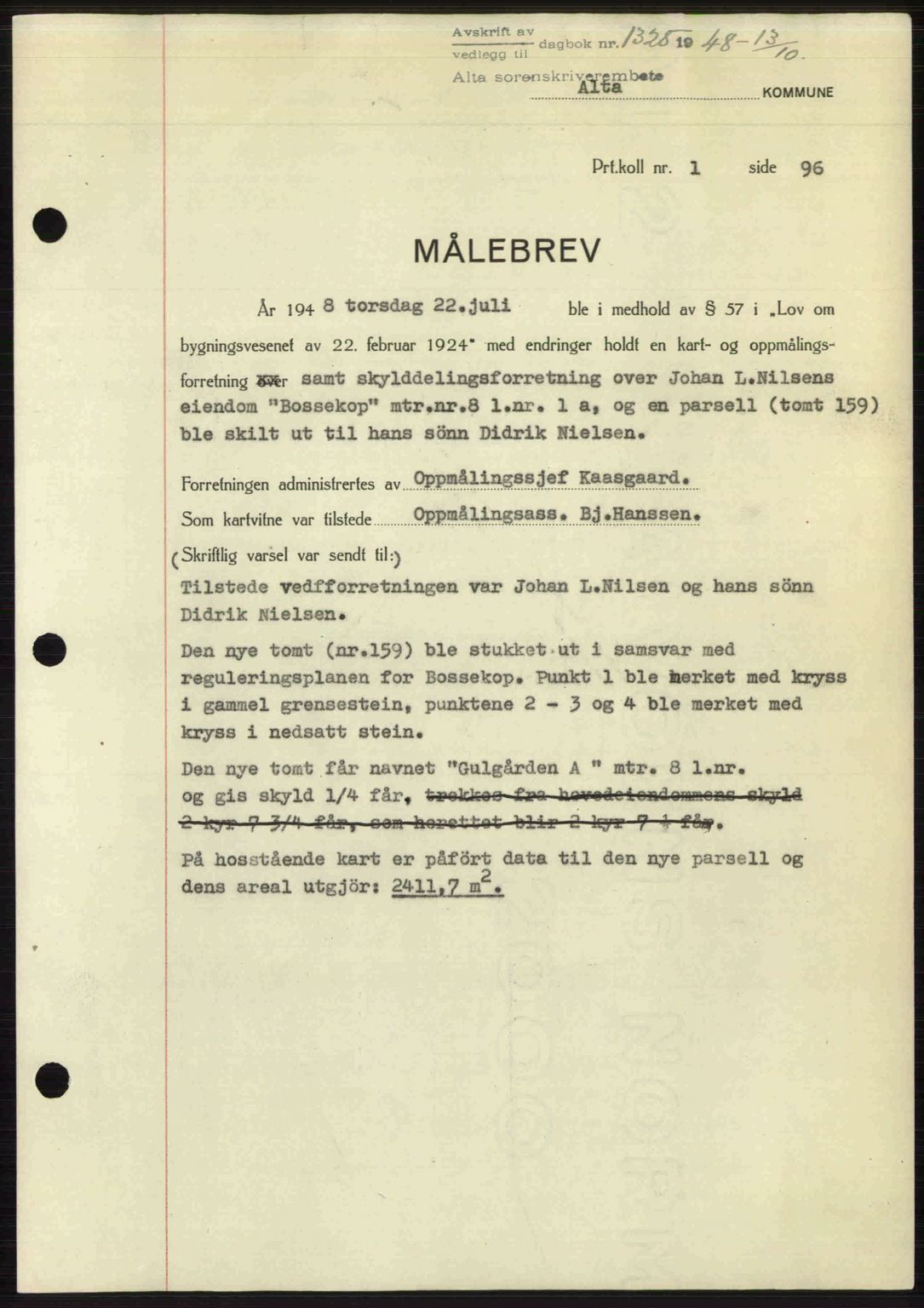 Alta fogderi/sorenskriveri, SATØ/SATØ-5/1/K/Kd/L0037pantebok: Pantebok nr. 39-40, 1948-1949, Dagboknr: 1325/1948