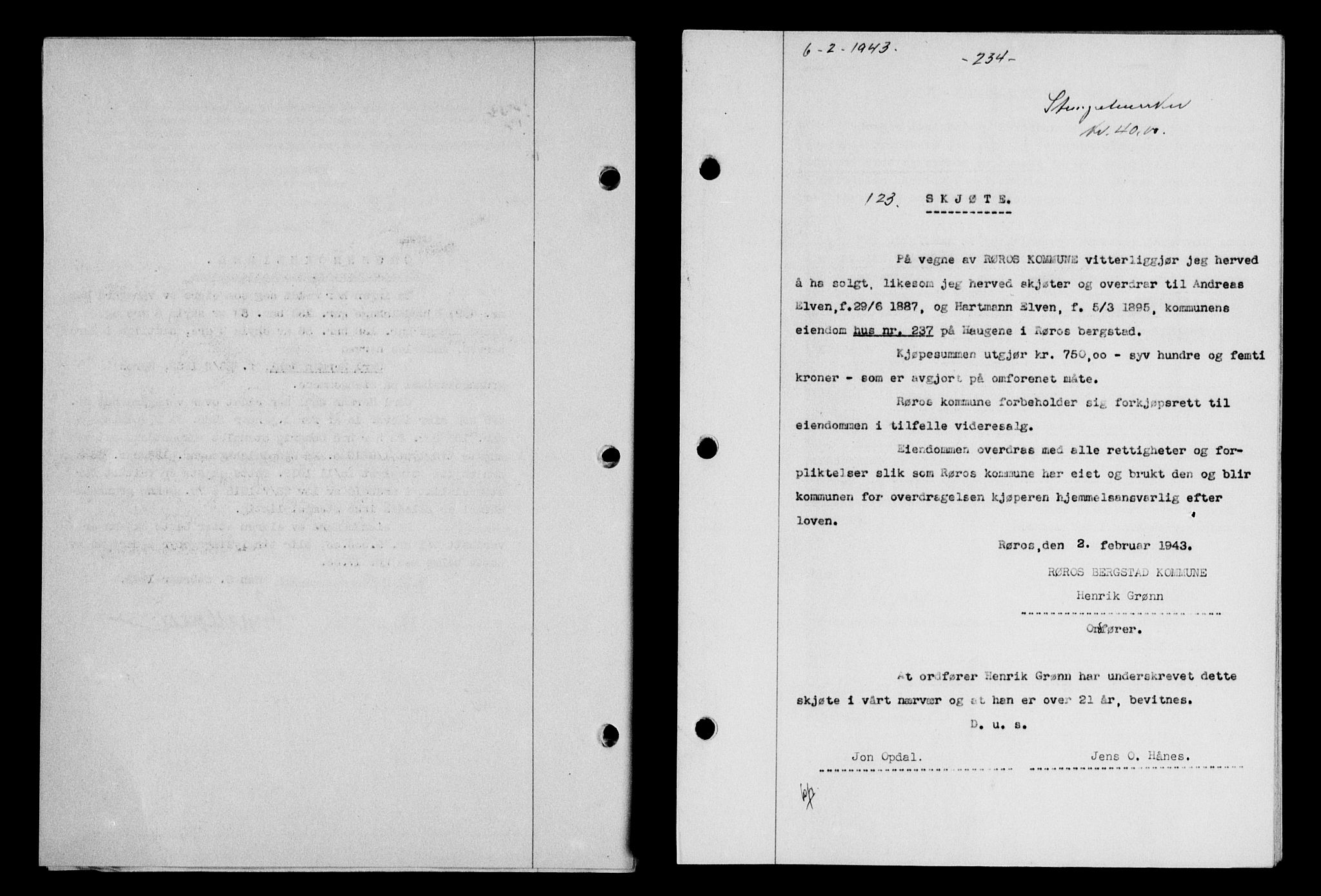 Gauldal sorenskriveri, SAT/A-0014/1/2/2C/L0056: Pantebok nr. 61, 1942-1943, Dagboknr: 123/1943