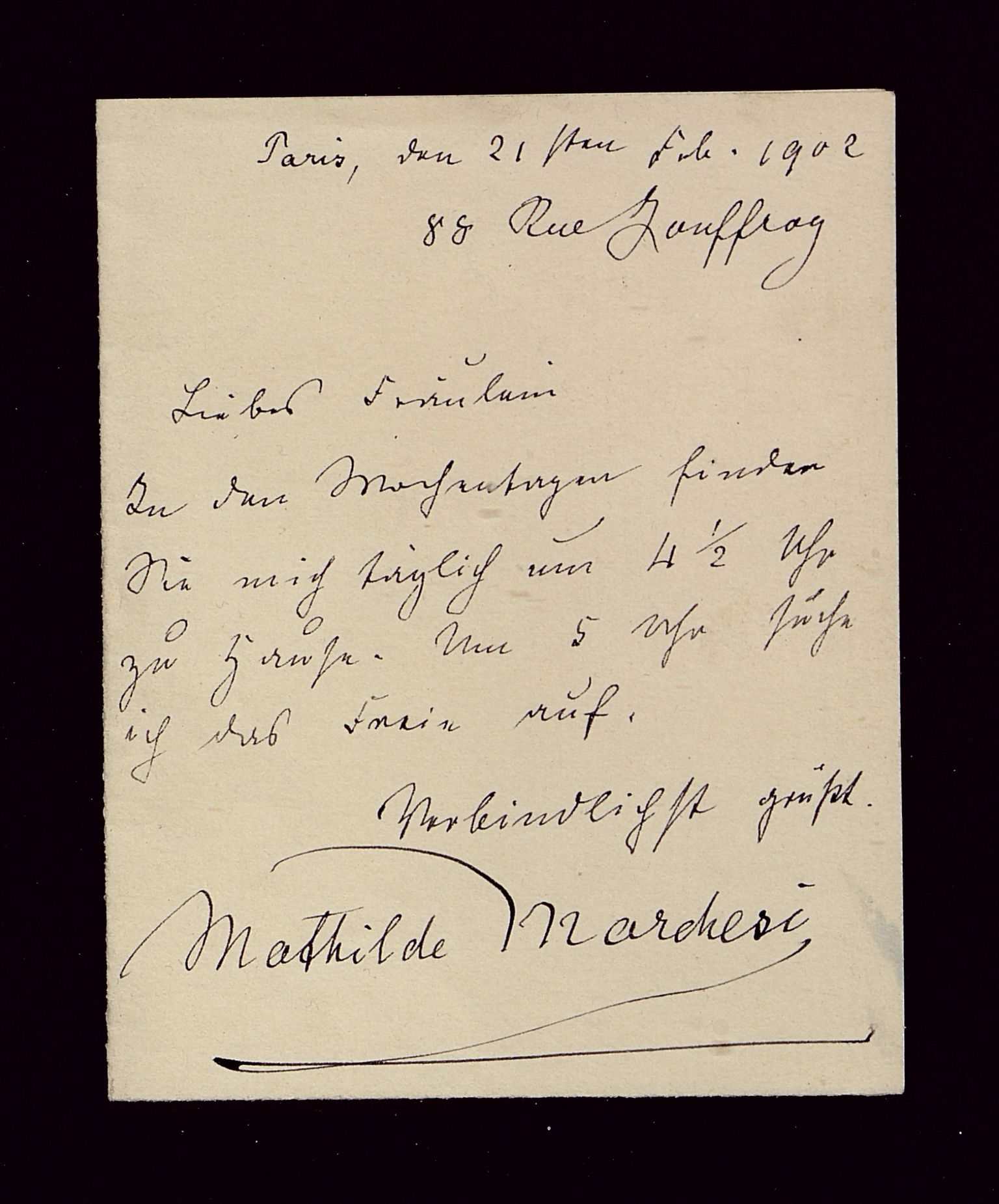 Øvre Amla, gnr. 106, VLFK/SFF-2013149/E/Eb/L0001/0026: Autografer utenlandske / Marchesi, Mathilde f. Graumann (1826- Tysk sangerinde), 1902