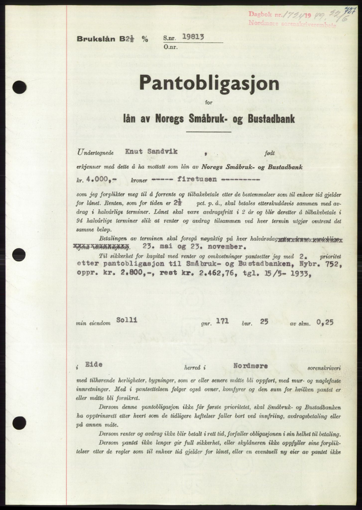 Nordmøre sorenskriveri, AV/SAT-A-4132/1/2/2Ca: Pantebok nr. B101, 1949-1949, Dagboknr: 1724/1949