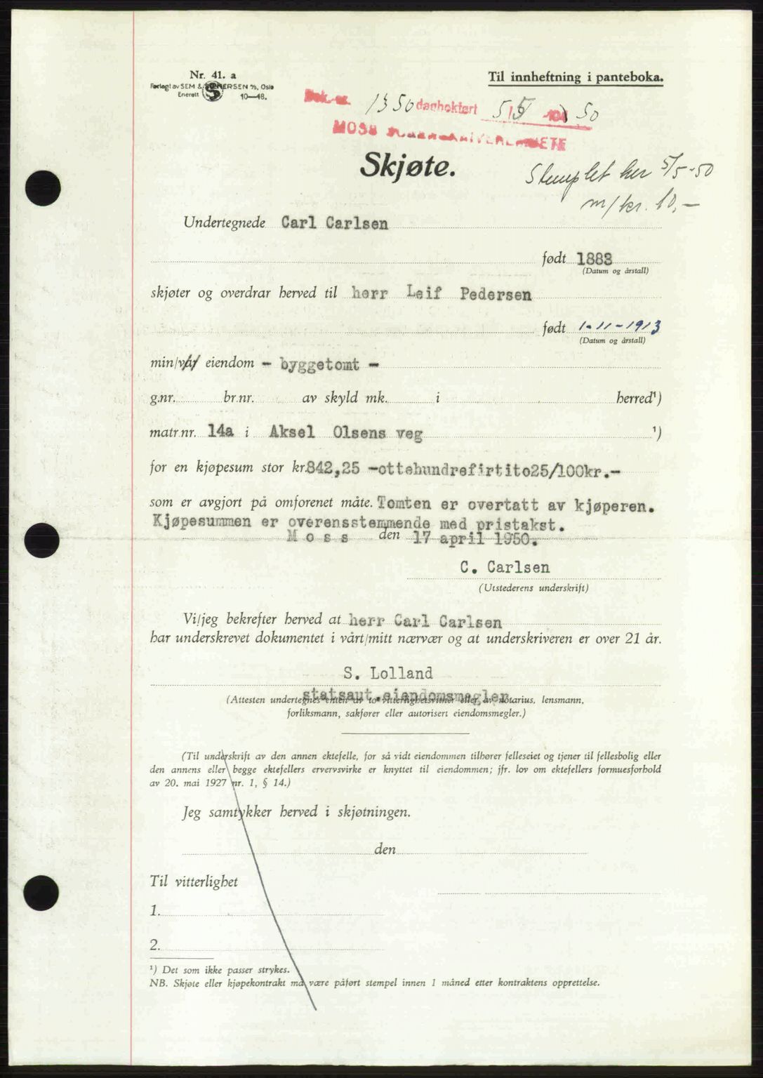 Moss sorenskriveri, SAO/A-10168: Pantebok nr. A26, 1950-1950, Dagboknr: 1350/1950