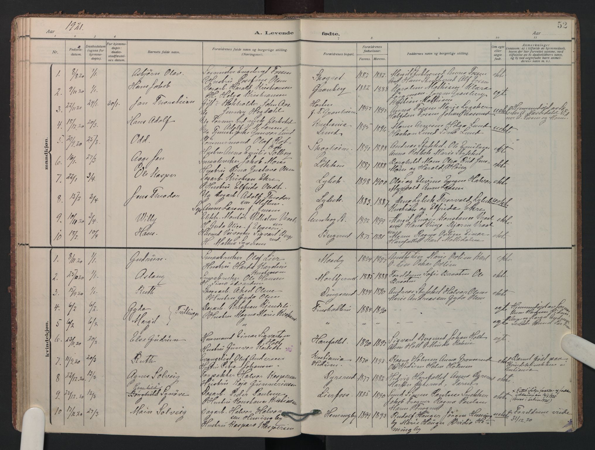 Aurskog prestekontor Kirkebøker, AV/SAO-A-10304a/F/Fa/L0014: Ministerialbok nr. I 14, 1911-1926, s. 52