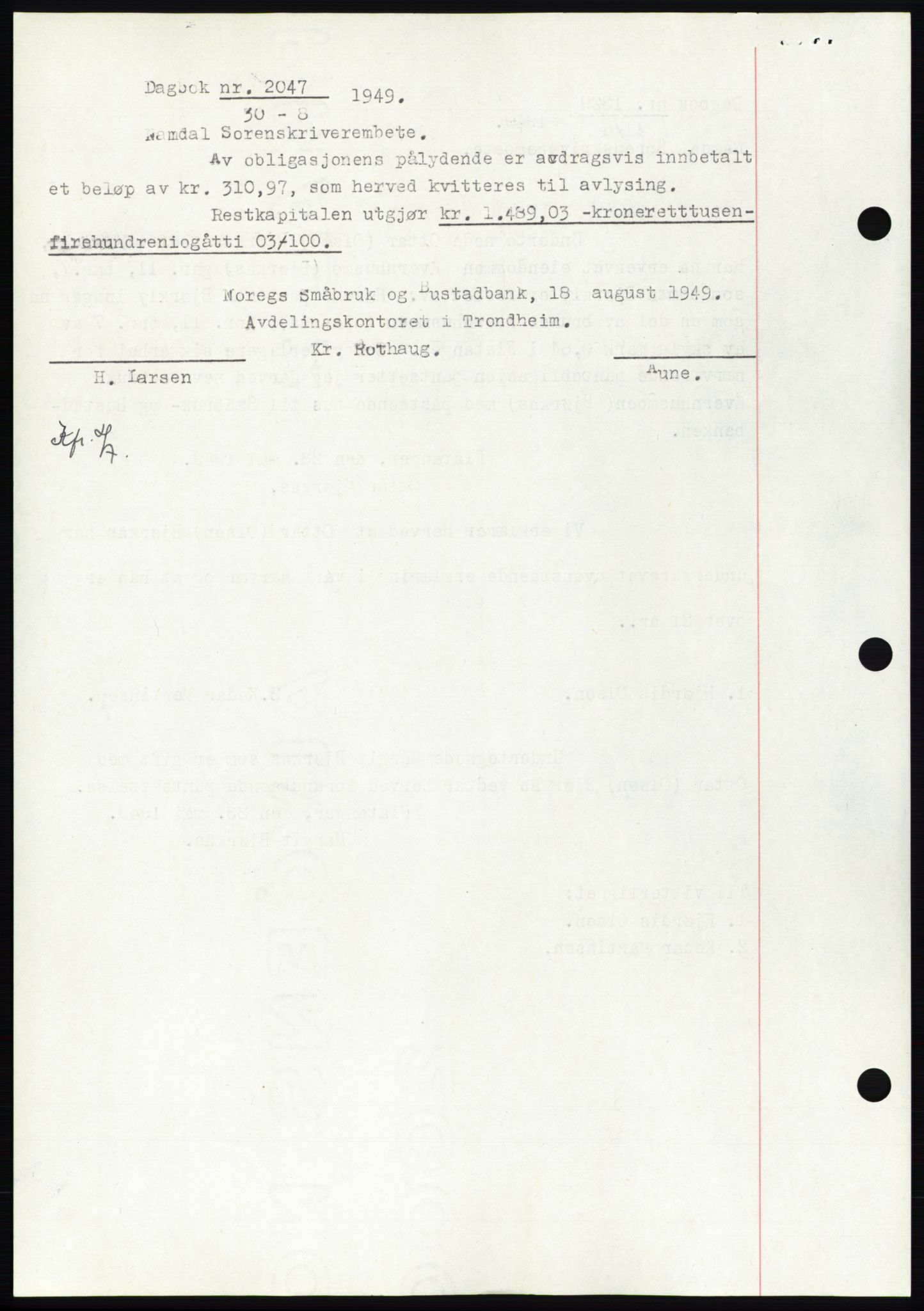 Namdal sorenskriveri, SAT/A-4133/1/2/2C: Pantebok nr. -, 1949-1949, Dagboknr: 2047/1949