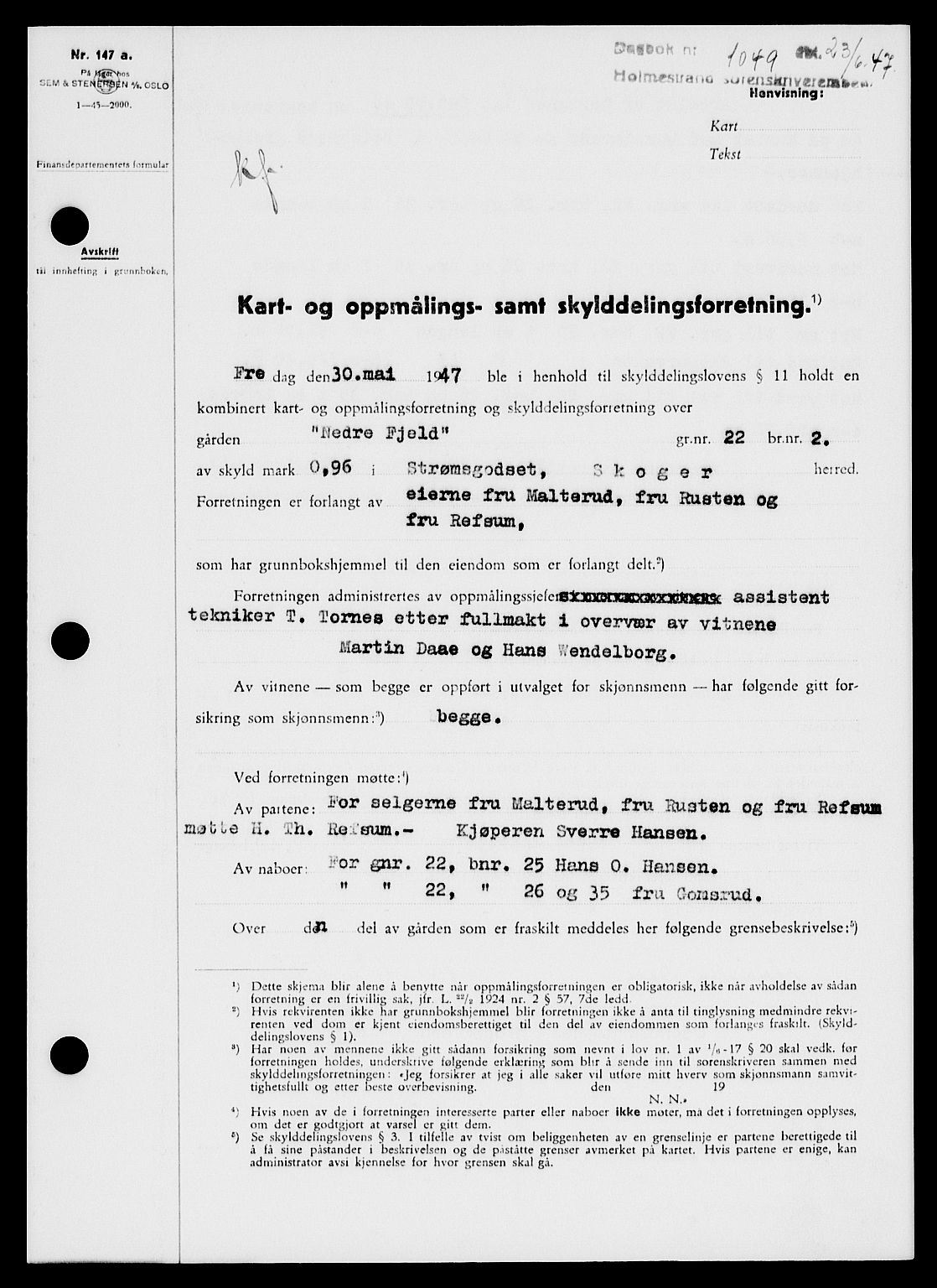 Holmestrand sorenskriveri, SAKO/A-67/G/Ga/Gaa/L0062: Pantebok nr. A-62, 1947-1947, Dagboknr: 1049/1947