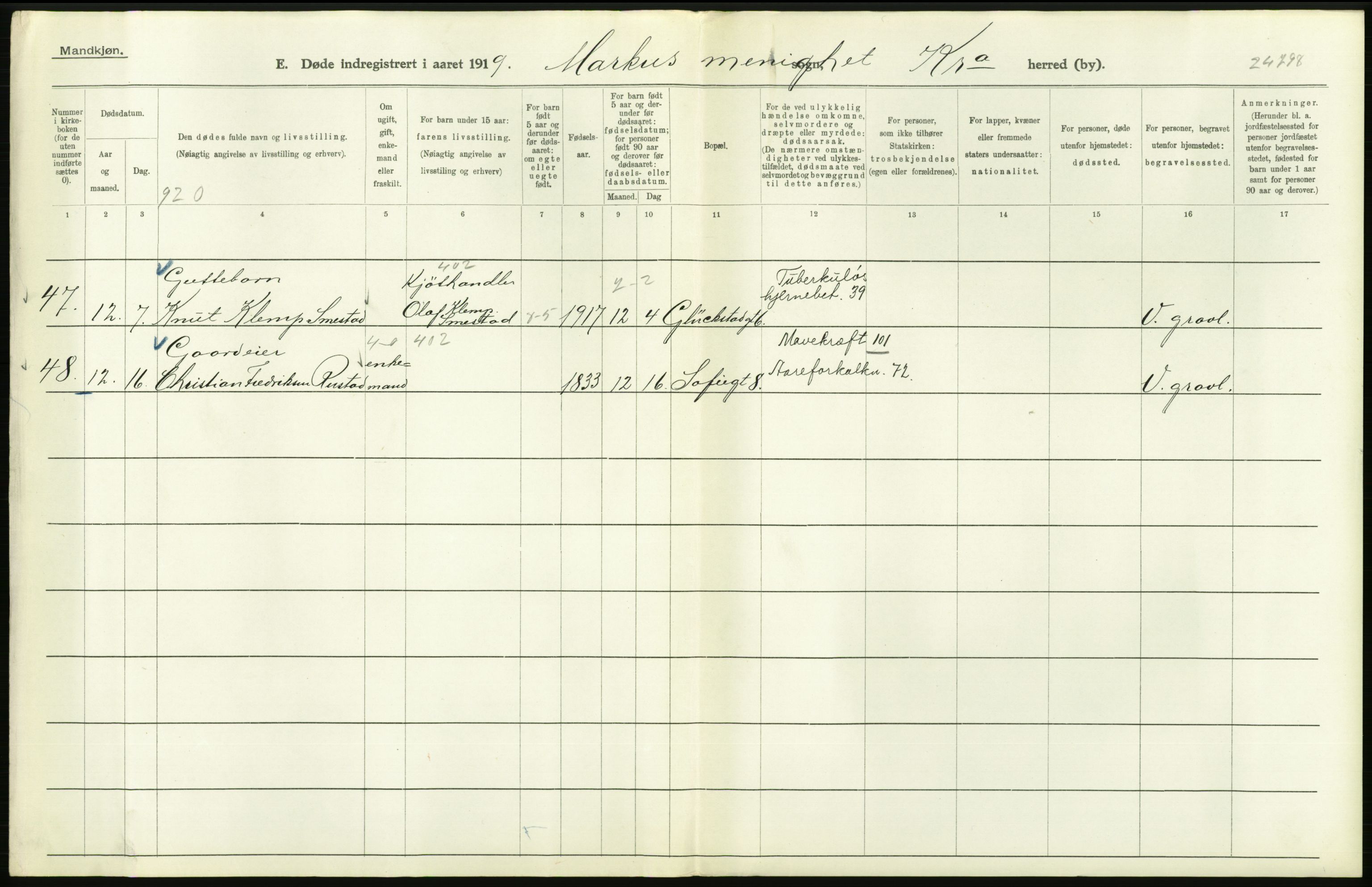 Statistisk sentralbyrå, Sosiodemografiske emner, Befolkning, AV/RA-S-2228/D/Df/Dfb/Dfbi/L0011: Kristiania: Døde, dødfødte, 1919