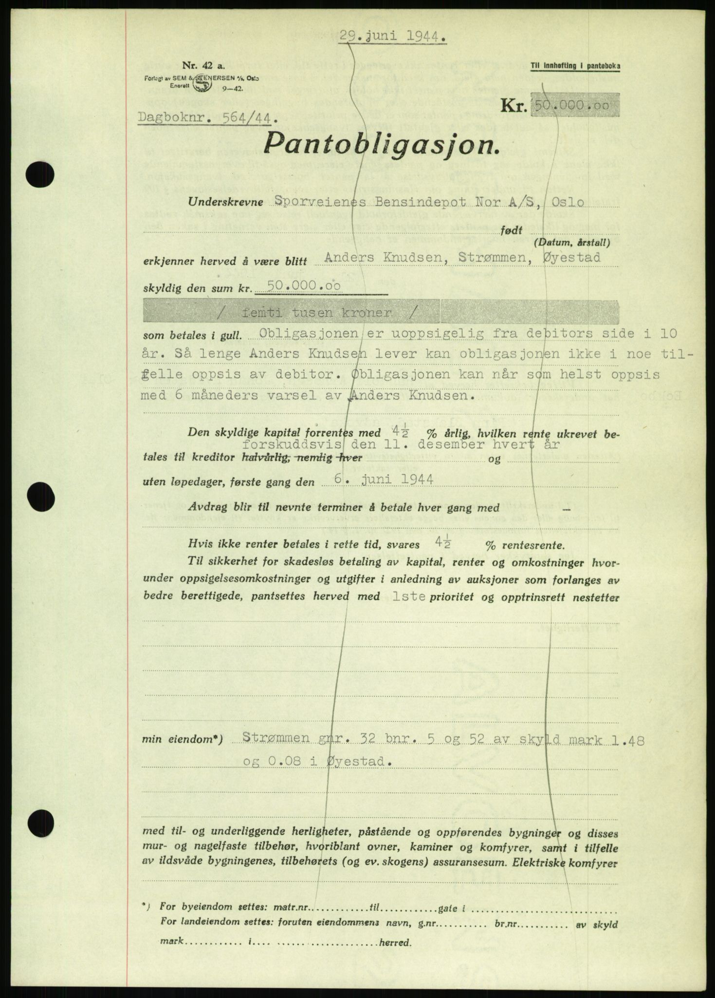 Nedenes sorenskriveri, AV/SAK-1221-0006/G/Gb/Gbb/L0002: Pantebok nr. II, 1942-1945, Dagboknr: 564/1944