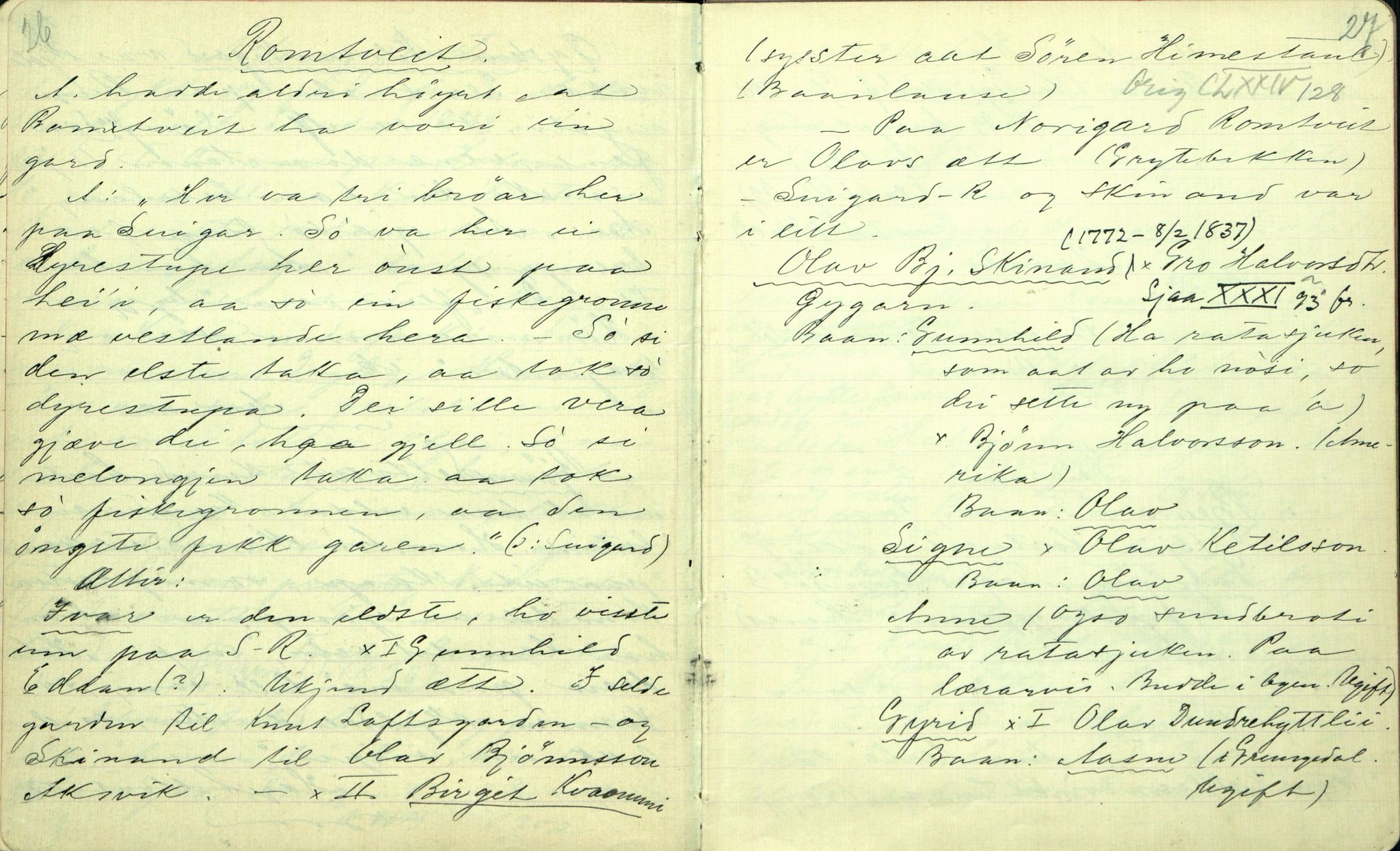 Rikard Berge, TEMU/TGM-A-1003/F/L0001/0025: 001-030 Innholdslister / 21. Biografi, ættesogur, 1902-1903, s. 26-27