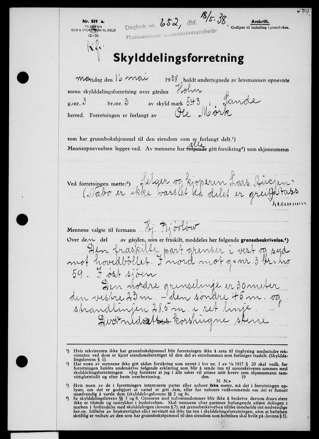 Holmestrand sorenskriveri, SAKO/A-67/G/Ga/Gaa/L0049: Pantebok nr. A-49, 1937-1938, Dagboknr: 652/1938