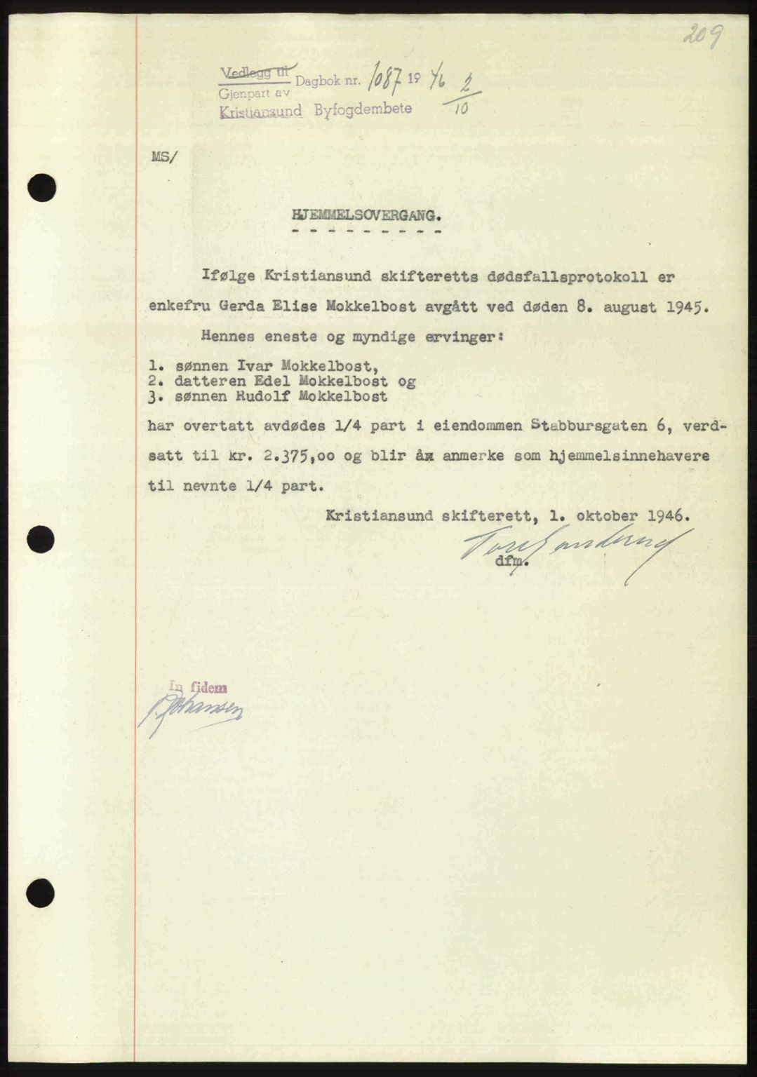 Kristiansund byfogd, AV/SAT-A-4587/A/27: Pantebok nr. 39b, 1946-1947, Dagboknr: 1087/1946