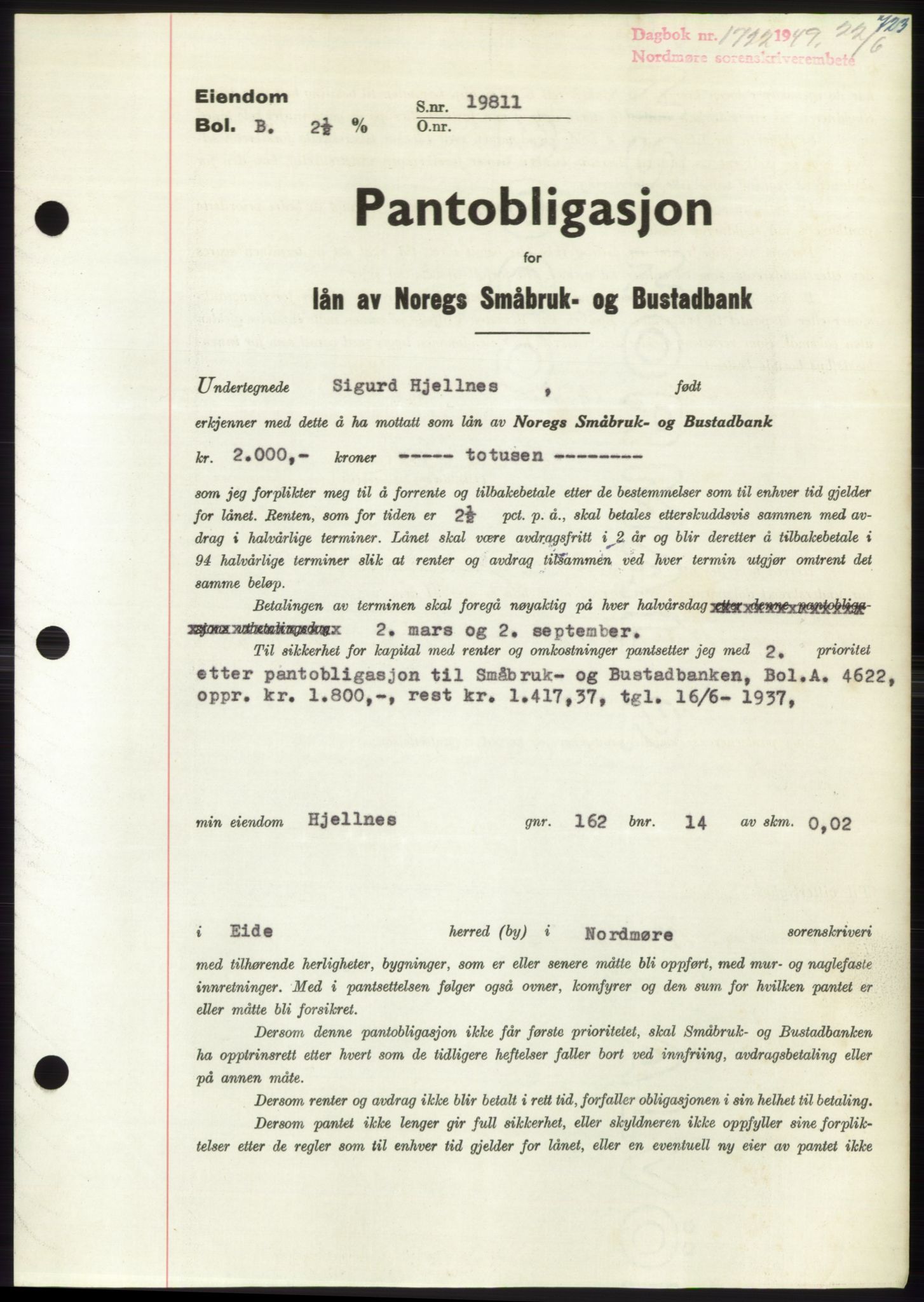 Nordmøre sorenskriveri, SAT/A-4132/1/2/2Ca: Pantebok nr. B101, 1949-1949, Dagboknr: 1722/1949