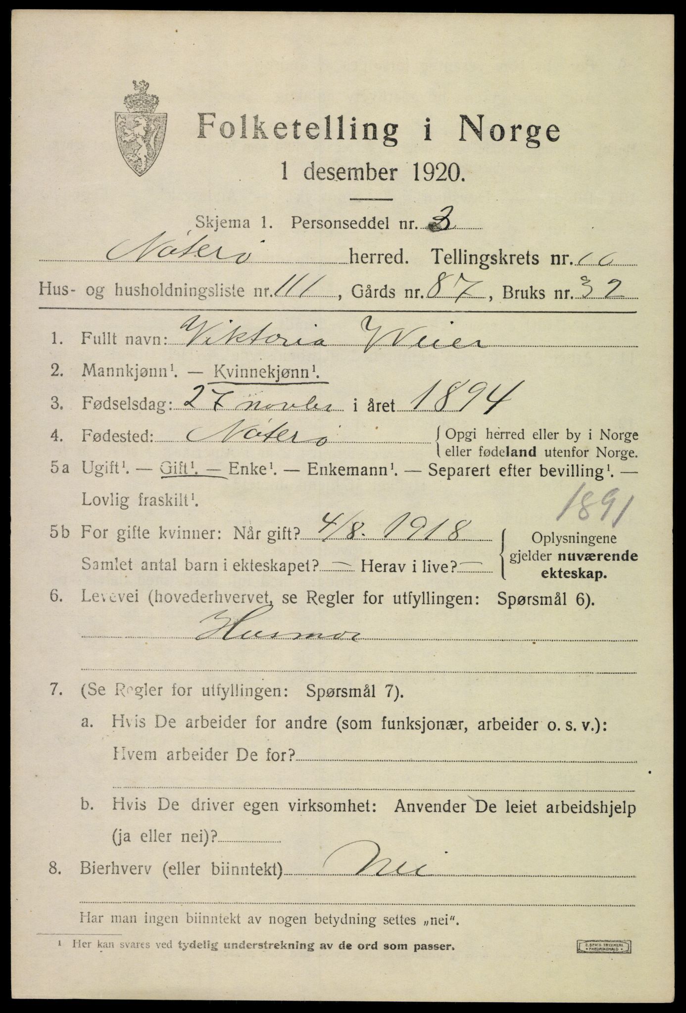 SAKO, Folketelling 1920 for 0722 Nøtterøy herred, 1920, s. 13507